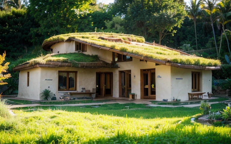 A photograph of a symmetrical contemporary house with (((one hyperbolic paraboloid green roof))) and (((biological pool))) and ((base wall foundation)) in a tropical backyard, mustard yellow terracota plaster walls (((rustic clay stucco))), ((corner walls rounded)), ((rustic clay plaster)), (((terracotta walls with rounded corners, organic curves))), (((rustic earth plaster, mud))), (((hyperbolic-shaped green roof with wooden edge))), (((wooden roof structure, wooden rake, wooden fascia board))), eaves, ((roof with wooden structure)), In Bahia (((tropical garden))), ((natural houses, organic buildings, organic architecture)), ecovillage, sustainable architecture, bioconstruction architecture, solarpunk architecture, (((grass roof, green roof, green wave roof, rounded roof, vegetated roofs))), (((rock base foundation wall, foundation height 30cm, stone base wall 30cm high))), ((green architecture)), passive house, clear sky in the background, painful beauty, modern, imposing, green house, ((Bali hobbit Hadid Style)), super resolution, cinematic, color grading, editorial photography, photography, photo shoot, (((dramatic front eye top angle view))), O 50mm, depth of field, intricate details, natural colors, sharp focus, warm light, shutter speed 1/1000, F/22, White Balance, Ray Trace Reflections, Lumen Reflections, Screen Space Reflections, Diffraction Rating, Chromatic Aberration, GB Shift, Partial Lighting, Backlighting, Daylighting, Scan Lines, ambient occlusion, antialiasing, shaders, OpenGL-Shaders, GLSL-Shaders, Post-processing, post-production, shading, tone mapping, incredibly detailed and complex, hypermaximalist, elegant, hyperrealistic, super detailed, dynamic pose, Fujifilm XT