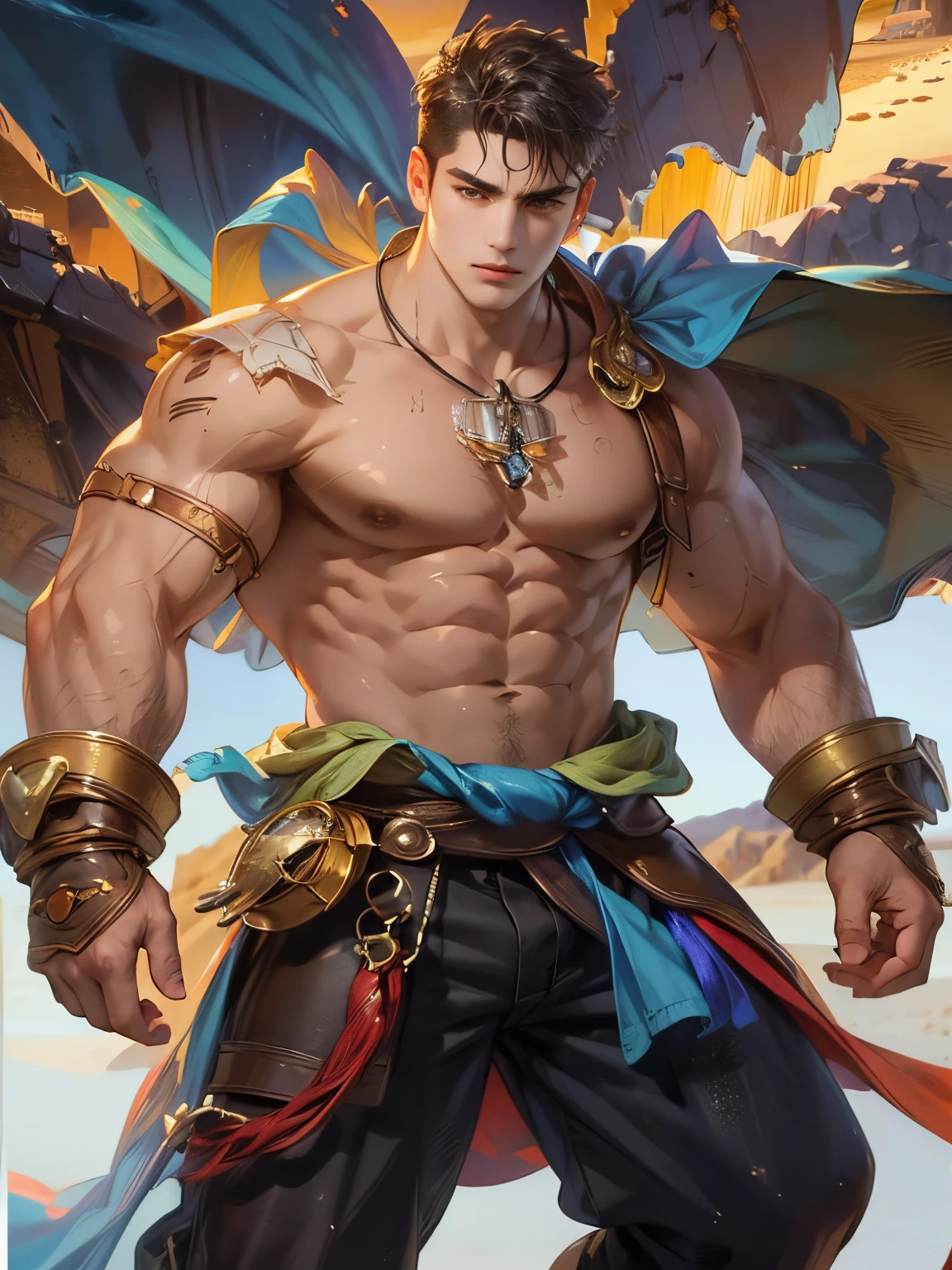 Age 20s 1 fit muscular body man, handsome face, detailed eyes and deailed expressionless face. Necklace. White Royal Clothes. Visible chest and abs. Lotus petals.  Indian aesthetics. Brown hair. Gold shoulder armor. Flowing fabrics and windy day.