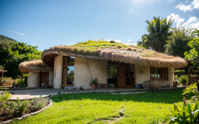 A photograph of a symmetrical contemporary house with (((one hyperbolic paraboloid green roof))) and (((biological pool))) and ((base wall foundation)) in a tropical backyard, mustard yellow terracota plaster walls (((rustic clay stucco))), ((corner walls rounded)), ((rustic clay plaster)), (((terracotta walls with rounded corners, organic curves))), (((rustic earth plaster, mud))), (((hyperbolic-shaped green roof with wooden edge))), (((wooden roof structure, wooden rake, wooden fascia board))), eaves, ((roof with wooden structure)), In Bahia (((tropical garden))), ((natural houses, organic buildings, organic architecture)), ecovillage, sustainable architecture, bioconstruction architecture, solarpunk architecture, (((grass roof, green roof, green wave roof, rounded roof, vegetated roofs))), (((rock base foundation wall, foundation height 30cm, stone base wall 30cm high))), ((green architecture)), passive house, clear sky in the background, painful beauty, modern, imposing, green house, ((Bali hobbit Hadid Style)), super resolution, cinematic, color grading, editorial photography, photography, photo shoot, (((dramatic front eye top angle view))), O 50mm, depth of field, intricate details, natural colors, sharp focus, warm light, shutter speed 1/1000, F/22, White Balance, Ray Trace Reflections, Lumen Reflections, Screen Space Reflections, Diffraction Rating, Chromatic Aberration, GB Shift, Partial Lighting, Backlighting, Daylighting, Scan Lines, ambient occlusion, antialiasing, shaders, OpenGL-Shaders, GLSL-Shaders, Post-processing, post-production, shading, tone mapping, incredibly detailed and complex, hypermaximalist, elegant, hyperrealistic, super detailed, dynamic pose, Fujifilm XT