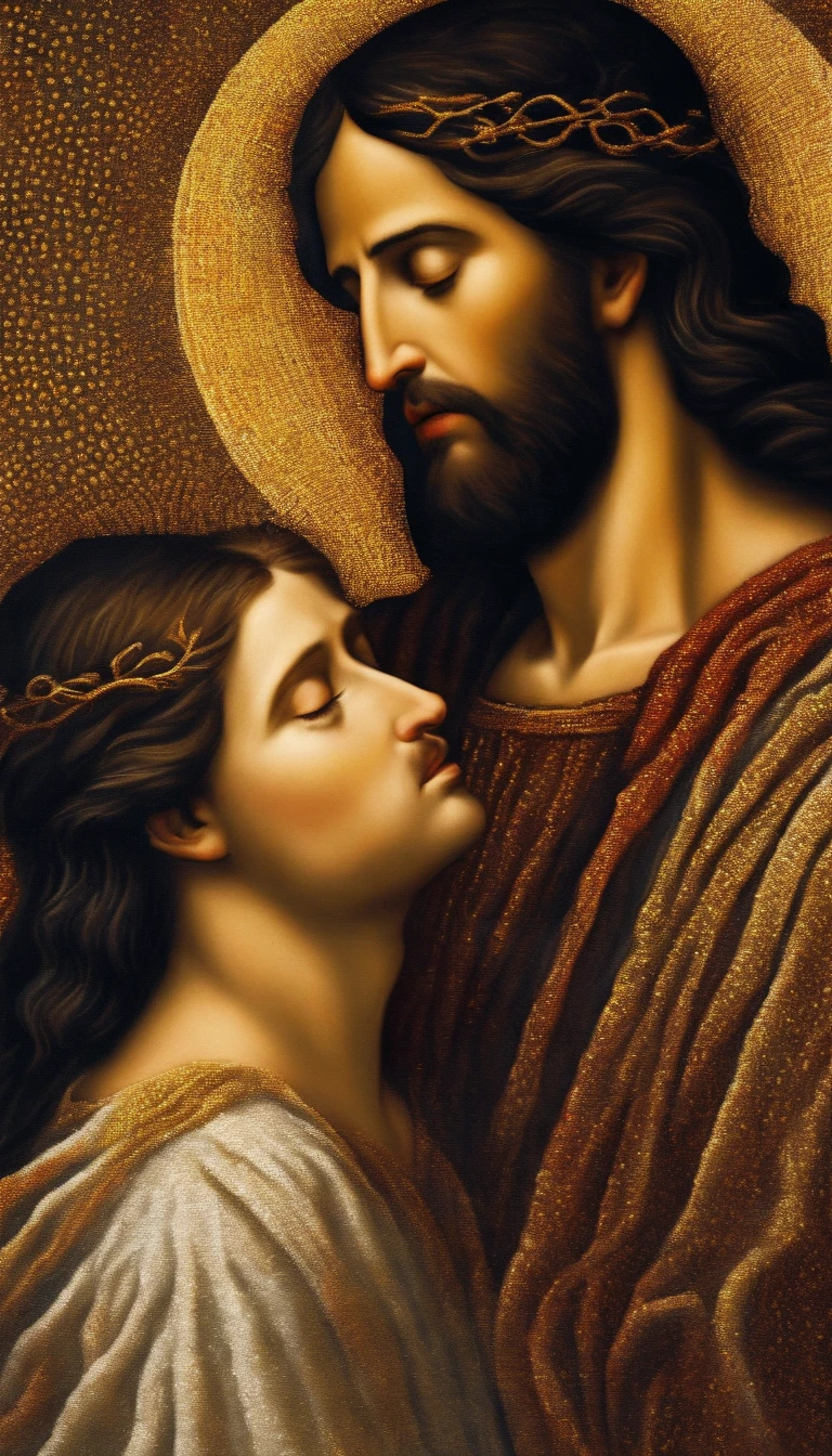 Jesus Christ Receiving a kiss on the cheek from Judas Iscariot, an image that represents Judas' betrayal.  Biblical Image.  Biblical History [Absurd, very high resolution, ultra-detailed, Dot painting technique, dotted shadows, intricate details, Texture effects, subtle gradients, fascinating craftsmanship, otherworldly tones, surreal landscapes, invisible light, ethereal glow, colors vivid, aquarela]