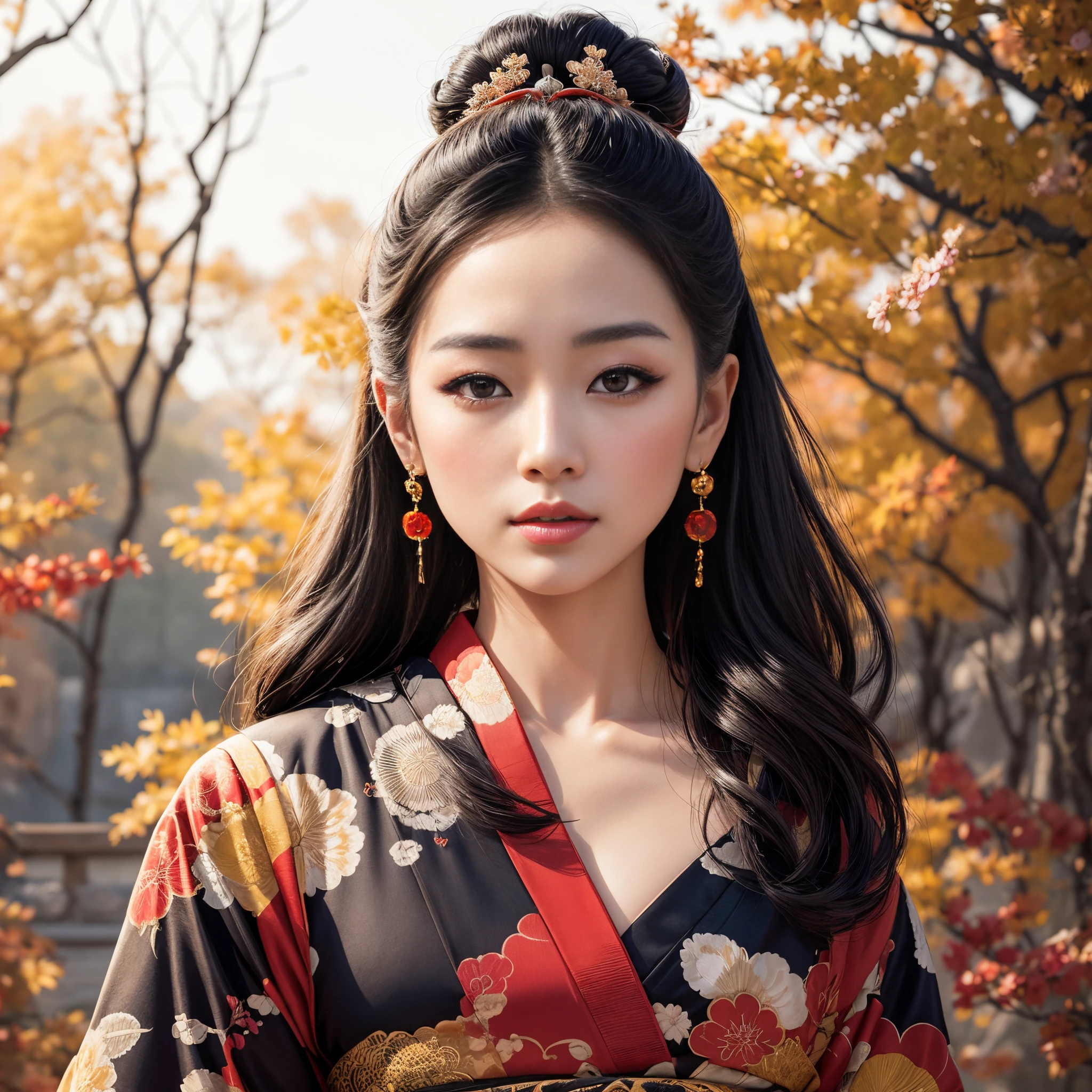 a beautiful Asian woman, black hair, wearing a bun on her head, with full lips, beautiful eyes, wearing earrings, a beautiful stylized kimono, posing on a beautiful sunny day, hyperrealistic beautiful geisha, a beautiful photorealistic digital art, exquisite detail digital art intricacies.