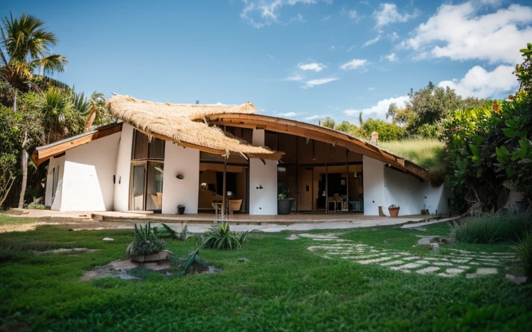 A photograph of a symmetrical contemporary house with (((a hyperbolic paraboloid green roof))) e (((Biological pool))) e ((low wall foundation)) em um quintal tropical, paredes de gesso terracota amarelo mostarda (((rustic clay stucco))), ((paredes de canto arredondadas)), ((Rustic clay plaster)), (((paredes de terracota com cantos arredondados, organic curves))), (((rustic earth plaster, lama))), (((green roof in hyperbolic shape with wooden edge))), (((Estrutura do telhado de madeira, ancinho de madeira, placa de madeira))), beiral, ((telhado com estrutura de madeira)), na Bahia (((jardim tropical))), ((casas naturais, Organic buildings, organic architecture)), ecovila, sustainable architecture, Bioconstruction architecture, arquitetura solarpunk, (((telhado de grama, Telhado Verde, Telhado de Onda Verde, telhado arredondado, telhados vegetados))), (((bedrock foundation wall, foundation height 30cm, parede de base de pedra com 30 cm de altura))), ((arquitetura verde)), Casa passiva, Clear sky in the background, beleza dolorosa, moderno, imponente, casa verde, ((Estilo Hadid do hobbit de Bali)), super resolution, cinemactic, color grading, Fotografia Editorial, fotografia, photo shoot, (((dramatic front eye top angle view))), O 50mm, profundidade de campo, detalhes intrincados, Cores Naturais, foco nítido, luz quente, Velocidade do obturador 1/1000, F/22, White balance, Ray Trace Reflections, Lumen reflections, screen space reflections, diffraction classification, chromatic aberration, Deslocamento de GB, Partial lighting, Backlighting, natural lightting, Linhas de varredura, Ambient occlusion, antialiasing, Shaders, OpenGL-Shaders, GLSL-Shaders, Post-processing, post - production, sombreamento, Mapeamento de tons, incrivelmente detalhado e complexo, hipermaximalista, elegante, hiper-realista, super detalhado, dynamic pose, fujifilm XT |