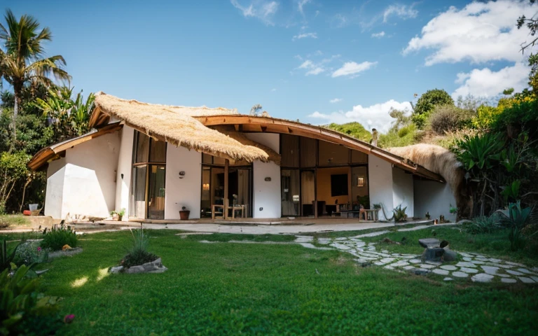 A photograph of a symmetrical contemporary house with (((a hyperbolic paraboloid green roof))) e (((Biological pool))) e ((low wall foundation)) em um quintal tropical, paredes de gesso terracota amarelo mostarda (((rustic clay stucco))), ((paredes de canto arredondadas)), ((Rustic clay plaster)), (((paredes de terracota com cantos arredondados, organic curves))), (((rustic earth plaster, lama))), (((green roof in hyperbolic shape with wooden edge))), (((Estrutura do telhado de madeira, ancinho de madeira, placa de madeira))), beiral, ((telhado com estrutura de madeira)), na Bahia (((jardim tropical))), ((casas naturais, Organic buildings, organic architecture)), ecovila, sustainable architecture, Bioconstruction architecture, arquitetura solarpunk, (((telhado de grama, Telhado Verde, Telhado de Onda Verde, telhado arredondado, telhados vegetados))), (((bedrock foundation wall, foundation height 30cm, parede de base de pedra com 30 cm de altura))), ((arquitetura verde)), Casa passiva, Clear sky in the background, beleza dolorosa, moderno, imponente, casa verde, ((Estilo Hadid do hobbit de Bali)), super resolution, cinemactic, color grading, Fotografia Editorial, fotografia, photo shoot, (((dramatic front eye top angle view))), O 50mm, profundidade de campo, detalhes intrincados, Cores Naturais, foco nítido, luz quente, Velocidade do obturador 1/1000, F/22, White balance, Ray Trace Reflections, Lumen reflections, screen space reflections, diffraction classification, chromatic aberration, Deslocamento de GB, Partial lighting, Backlighting, natural  lightting, Linhas de varredura, Ambient occlusion, antialiasing, Shaders, OpenGL-Shaders, GLSL-Shaders, Post-processing, post - production, sombreamento, Mapeamento de tons, incrivelmente detalhado e complexo, hipermaximalista, elegante, hiper-realista, super detalhado, dynamic pose, fujifilm XT |