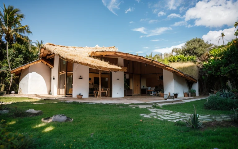 A photograph of a symmetrical contemporary house with (((a hyperbolic paraboloid green roof))) e (((Biological pool))) e ((low wall foundation)) em um quintal tropical, paredes de gesso terracota amarelo mostarda (((rustic clay stucco))), ((paredes de canto arredondadas)), ((Rustic clay plaster)), (((paredes de terracota com cantos arredondados, organic curves))), (((rustic earth plaster, lama))), (((green roof in hyperbolic shape with wooden edge))), (((Estrutura do telhado de madeira, ancinho de madeira, placa de madeira))), beiral, ((telhado com estrutura de madeira)), na Bahia (((jardim tropical))), ((casas naturais, Organic buildings, organic architecture)), ecovila, sustainable architecture, Bioconstruction architecture, arquitetura solarpunk, (((telhado de grama, Telhado Verde, Telhado de Onda Verde, telhado arredondado, telhados vegetados))), (((bedrock foundation wall, foundation height 30cm, parede de base de pedra com 30 cm de altura))), ((arquitetura verde)), Casa passiva, Clear sky in the background, beleza dolorosa, moderno, imponente, casa verde, ((Estilo Hadid do hobbit de Bali)), super resolution, cinemactic, color grading, Fotografia Editorial, fotografia, photo shoot, (((dramatic front eye top angle view))), O 50mm, profundidade de campo, detalhes intrincados, Cores Naturais, foco nítido, luz quente, Velocidade do obturador 1/1000, F/22, White balance, Ray Trace Reflections, Lumen reflections, screen space reflections, diffraction classification, chromatic aberration, Deslocamento de GB, Partial lighting, Backlighting, natural  lightting, Linhas de varredura, Ambient occlusion, antialiasing, Shaders, OpenGL-Shaders, GLSL-Shaders, Post-processing, post - production, sombreamento, Mapeamento de tons, incrivelmente detalhado e complexo, hipermaximalista, elegante, hiper-realista, super detalhado, dynamic pose, fujifilm XT |