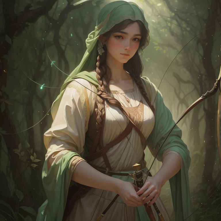 high quality, 8K Ultra HD, In this ethereal illustration, captures a beautiful female archer shoting with a bow in a pale-green mist, he precision of John Singer Sargent highlights the woman's features, while Leonardo da Vinci's play of light and shadow adds enigmatic depth, by yukisakura, awesome full color,