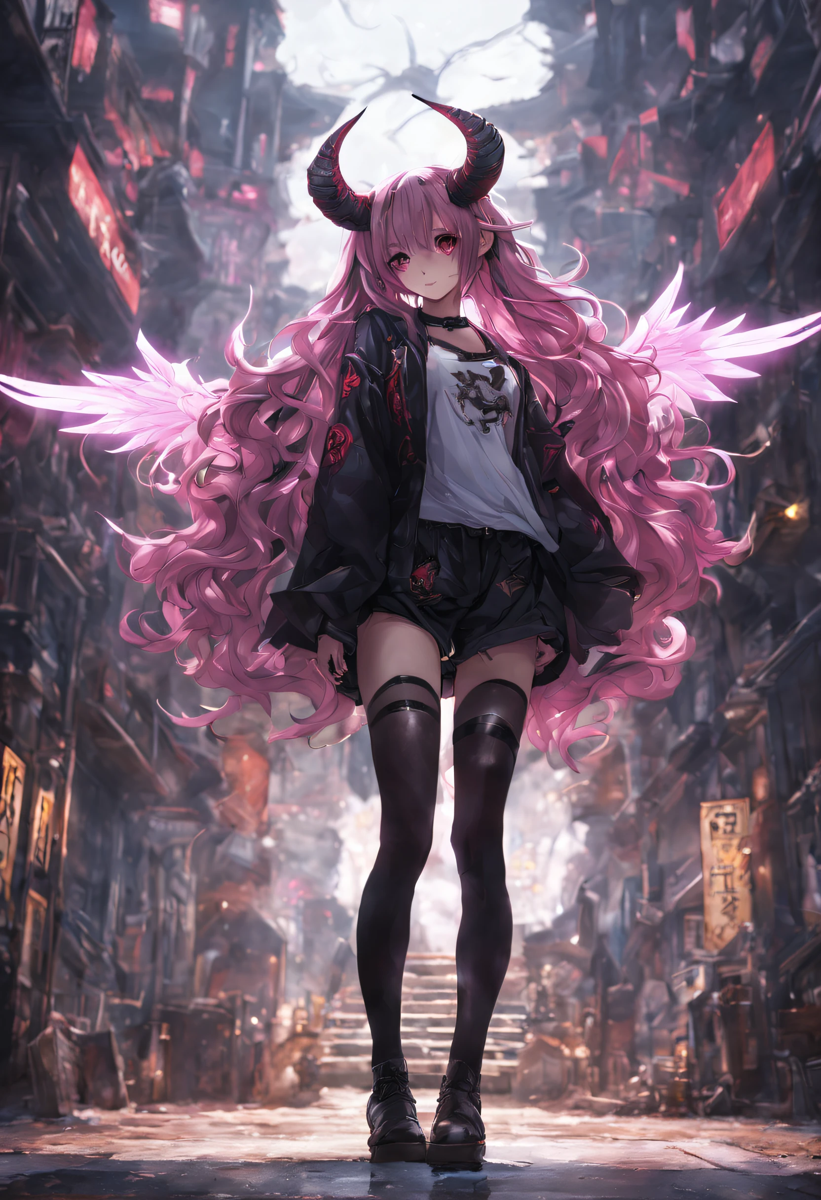 masterpiece, high quality, hina, 1girl, solo, long hair, horns, pink hair, glossy hair, thighhighs, shorts, purple eyes, outdoors, looking at viewer, parted bangs, very long hair, black thighhighs, long sleeves, demon horns, hand on hip, building, bangs, halo, wings, black shorts, white shirt, shirt, multiple horns, cowboy shot, alternate costume, ahoge, low wings