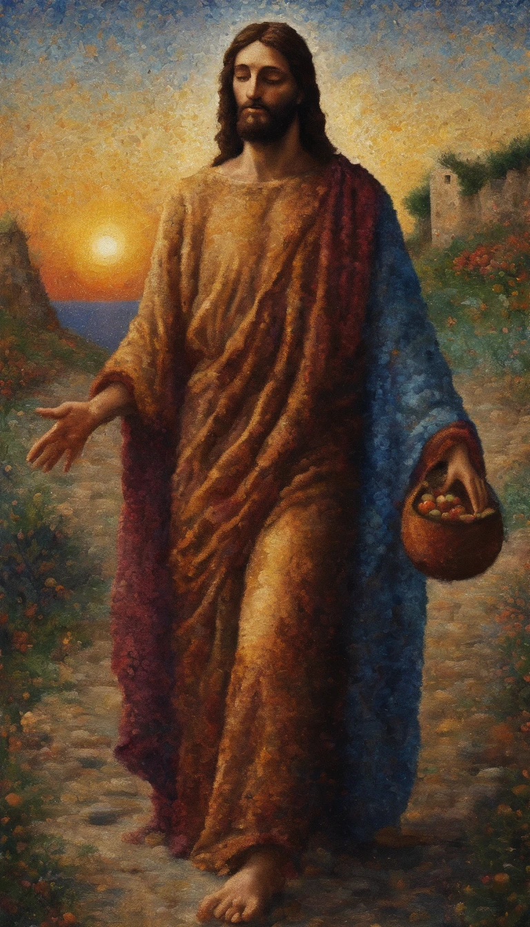 Jesus Cristo Recebendo um beijo na bochecha de Judas Iscariotes, an image that represents the betrayal of Judas.  biblical image.  Biblical history [Absurdo, Very high resolution, ultra-detalhado, Dot painting technique, sombras pontilhadas, detalhes intrincados, Efeitos de textura, gradientes sutis, artesanato fascinante, tons sobrenaturais, paisagens surreais, invisible light, ethereal glow, cores vivas, Aquarela]