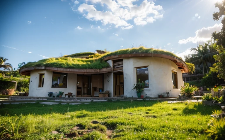A photograph of a symmetrical contemporary house with (((one hyperbolic paraboloid green roof))) and (((biological pool))) and ((base wall foundation)) in a tropical backyard, mustard yellow terracota plaster walls (((rustic clay stucco))), ((corner walls rounded)), ((rustic clay plaster)), (((terracotta walls with rounded corners, organic curves))), (((rustic earth plaster, mud))), (((hyperbolic-shaped green roof with wooden edge))), (((wooden roof structure, wooden rake, wooden fascia board))), eaves, ((roof with wooden structure)), In Bahia (((tropical garden))), ((natural houses, organic buildings, organic architecture)), ecovillage, sustainable architecture, bioconstruction architecture, solarpunk architecture, (((grass roof, green roof, green wave roof, rounded roof, vegetated roofs))), (((rock base foundation wall, foundation height 30cm, stone base wall 30cm high))), ((green architecture)), passive house, clear sky in the background, painful beauty, modern, imposing, green house, ((Bali hobbit Hadid Style)), super resolution, cinematic, color grading, editorial photography, photography, photo shoot, (((dramatic front eye top angle view))), O 50mm, depth of field, intricate details, natural colors, sharp focus, warm light, shutter speed 1/1000, F/22, White Balance, Ray Trace Reflections, Lumen Reflections, Screen Space Reflections, Diffraction Rating, Chromatic Aberration, GB Shift, Partial Lighting, Backlighting, Daylighting, Scan Lines, ambient occlusion, antialiasing, shaders, OpenGL-Shaders, GLSL-Shaders, Post-processing, post-production, shading, tone mapping, incredibly detailed and complex, hypermaximalist, elegant, hyperrealistic, super detailed, dynamic pose, Fujifilm XT
