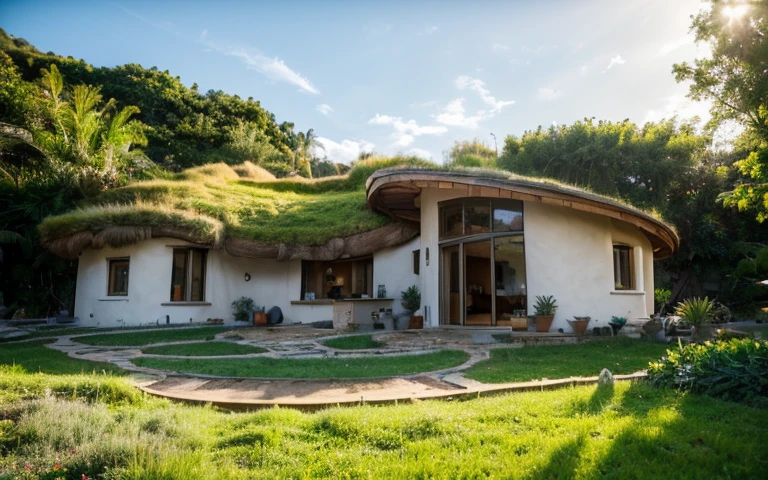 A photograph of a symmetrical contemporary house with (((one hyperbolic paraboloid green roof))) and (((biological pool))) and ((base wall foundation)) in a tropical backyard, mustard yellow terracota plaster walls (((rustic clay stucco))), ((corner walls rounded)), ((rustic clay plaster)), (((terracotta walls with rounded corners, organic curves))), (((rustic earth plaster, mud))), (((hyperbolic-shaped green roof with wooden edge))), (((wooden roof structure, wooden rake, wooden fascia board))), eaves, ((roof with wooden structure)), In Bahia (((tropical garden))), ((natural houses, organic buildings, organic architecture)), ecovillage, sustainable architecture, bioconstruction architecture, solarpunk architecture, (((grass roof, green roof, green wave roof, rounded roof, vegetated roofs))), (((rock base foundation wall, foundation height 30cm, stone base wall 30cm high))), ((green architecture)), passive house, clear sky in the background, painful beauty, modern, imposing, green house, ((Bali hobbit Hadid Style)), super resolution, cinematic, color grading, editorial photography, photography, photo shoot, (((dramatic front eye top angle view))), O 50mm, depth of field, intricate details, natural colors, sharp focus, warm light, shutter speed 1/1000, F/22, White Balance, Ray Trace Reflections, Lumen Reflections, Screen Space Reflections, Diffraction Rating, Chromatic Aberration, GB Shift, Partial Lighting, Backlighting, Daylighting, Scan Lines, ambient occlusion, antialiasing, shaders, OpenGL-Shaders, GLSL-Shaders, Post-processing, post-production, shading, tone mapping, incredibly detailed and complex, hypermaximalist, elegant, hyperrealistic, super detailed, dynamic pose, Fujifilm XT