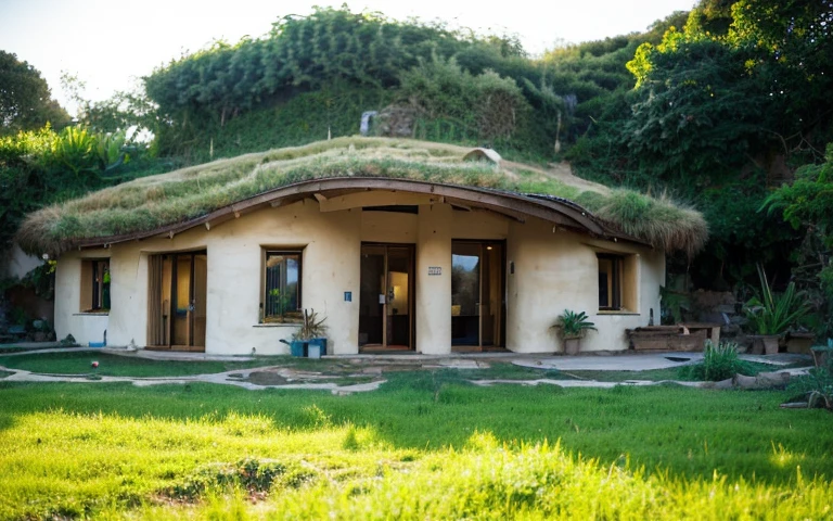 A photograph of a symmetrical contemporary house with (((one hyperbolic paraboloid green roof))) and (((biological pool))) and ((base wall foundation)) in a tropical backyard, mustard yellow terracota plaster walls (((rustic clay stucco))), ((corner walls rounded)), ((rustic clay plaster)), (((terracotta walls with rounded corners, organic curves))), (((rustic earth plaster, mud))), (((hyperbolic-shaped green roof with wooden edge))), (((wooden roof structure, wooden rake, wooden fascia board))), eaves, ((roof with wooden structure)), In Bahia (((tropical garden))), ((natural houses, organic buildings, organic architecture)), ecovillage, sustainable architecture, bioconstruction architecture, solarpunk architecture, (((grass roof, green roof, green wave roof, rounded roof, vegetated roofs))), (((rock base foundation wall, foundation height 30cm, stone base wall 30cm high))), ((green architecture)), passive house, clear sky in the background, painful beauty, modern, imposing, green house, ((Bali hobbit Hadid Style)), super resolution, cinematic, color grading, editorial photography, photography, photo shoot, (((dramatic front eye top angle view))), O 50mm, depth of field, intricate details, natural colors, sharp focus, warm light, shutter speed 1/1000, F/22, White Balance, Ray Trace Reflections, Lumen Reflections, Screen Space Reflections, Diffraction Rating, Chromatic Aberration, GB Shift, Partial Lighting, Backlighting, Daylighting, Scan Lines, ambient occlusion, antialiasing, shaders, OpenGL-Shaders, GLSL-Shaders, Post-processing, post-production, shading, tone mapping, incredibly detailed and complex, hypermaximalist, elegant, hyperrealistic, super detailed, dynamic pose, Fujifilm XT