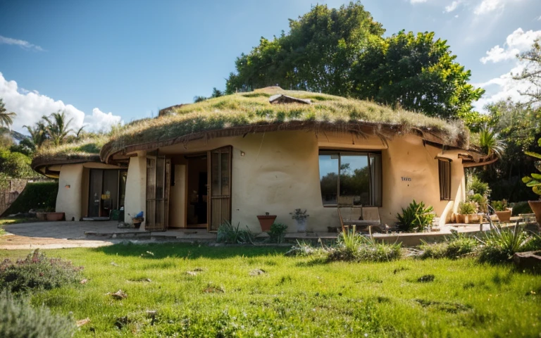 A photograph of a symmetrical contemporary house with (((one hyperbolic paraboloid green roof))) and (((biological pool))) and ((base wall foundation)) in a tropical backyard, mustard yellow terracota plaster walls (((rustic clay stucco))), ((corner walls rounded)), ((rustic clay plaster)), (((terracotta walls with rounded corners, organic curves))), (((rustic earth plaster, mud))), (((hyperbolic-shaped green roof with wooden edge))), (((wooden roof structure, wooden rake, wooden fascia board))), eaves, ((roof with wooden structure)), In Bahia (((tropical garden))), ((natural houses, organic buildings, organic architecture)), ecovillage, sustainable architecture, bioconstruction architecture, solarpunk architecture, (((grass roof, green roof, green wave roof, rounded roof, vegetated roofs))), (((rock base foundation wall, foundation height 30cm, stone base wall 30cm high))), ((green architecture)), passive house, clear sky in the background, painful beauty, modern, imposing, green house, ((Bali hobbit Hadid Style)), super resolution, cinematic, color grading, editorial photography, photography, photo shoot, (((dramatic front eye top angle view))), O 50mm, depth of field, intricate details, natural colors, sharp focus, warm light, shutter speed 1/1000, F/22, White Balance, Ray Trace Reflections, Lumen Reflections, Screen Space Reflections, Diffraction Rating, Chromatic Aberration, GB Shift, Partial Lighting, Backlighting, Daylighting, Scan Lines, ambient occlusion, antialiasing, shaders, OpenGL-Shaders, GLSL-Shaders, Post-processing, post-production, shading, tone mapping, incredibly detailed and complex, hypermaximalist, elegant, hyperrealistic, super detailed, dynamic pose, Fujifilm XT