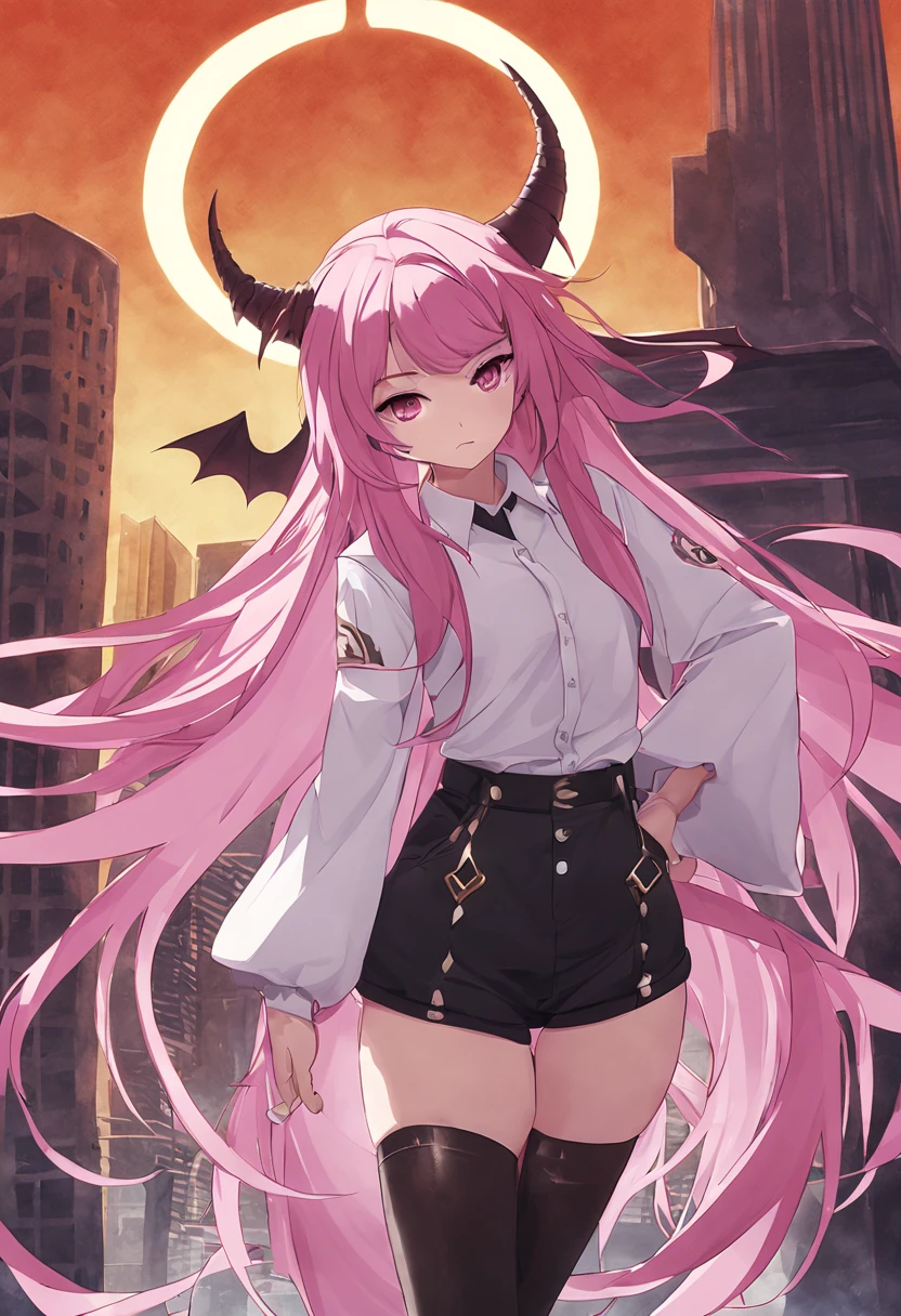 masterpiece, high quality, hina, 1girl, solo, long hair, horns, pink hair, glossy hair, thighhighs, shorts, purple eyes, outdoors, looking at viewer, parted bangs, very long hair, black thighhighs, long sleeves, demon horns, hand on hip, building, bangs, halo, wings, black shorts, white shirt, shirt, multiple horns, cowboy shot, alternate costume, ahoge, low wings