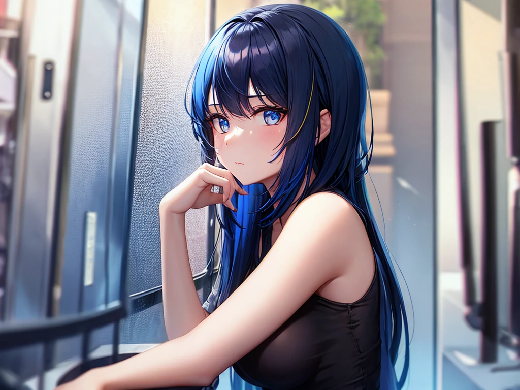 Beautiful girl with long black hair with blue mesh