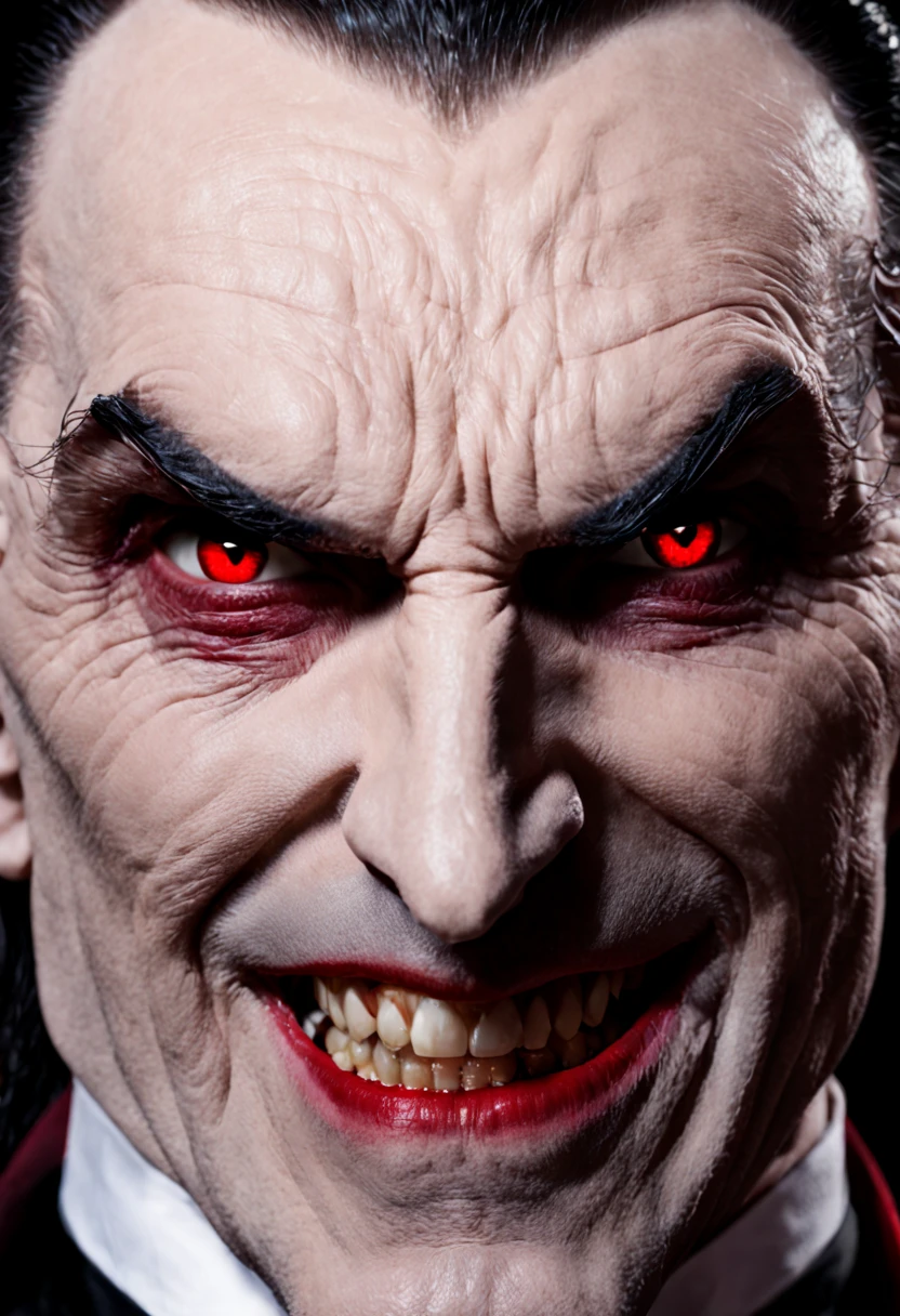 A close-up of Count Dracula's face, with his long-lasting red eyes, his pale face and his sharp fangs