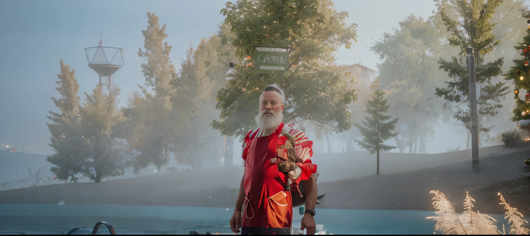 Santa Claus Wearing an apron and his costume in a bar