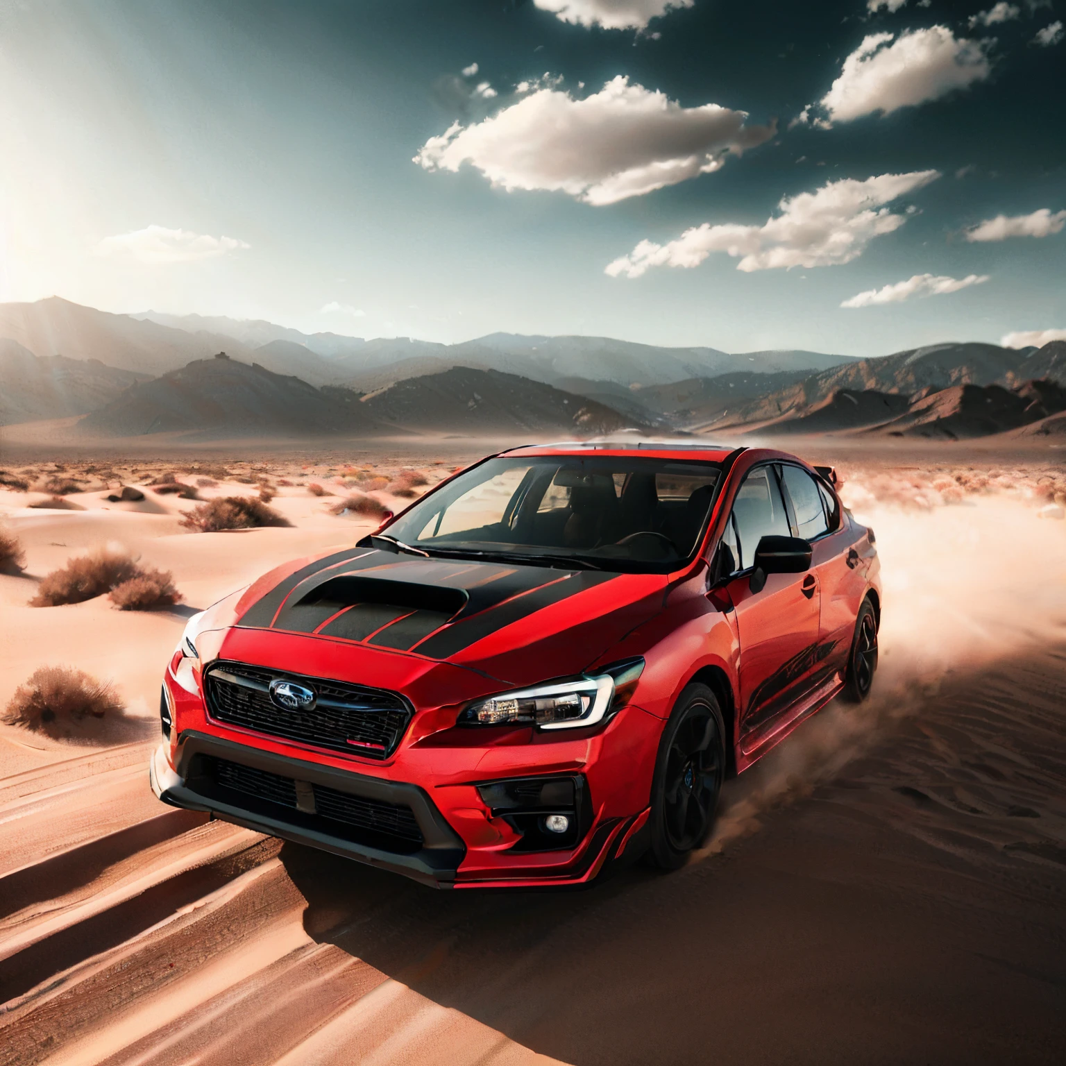 a red subarunt driving through the desert with mountains in the background, subaru, in a dusty red desert, red desert, wrx golf, desert mirage, on the desert, it has a red and black paint, bright red desert sands, red desert mars, vehicle photography, cinematic front shot, red sand, environmental shot, in the desert, f / 2 0