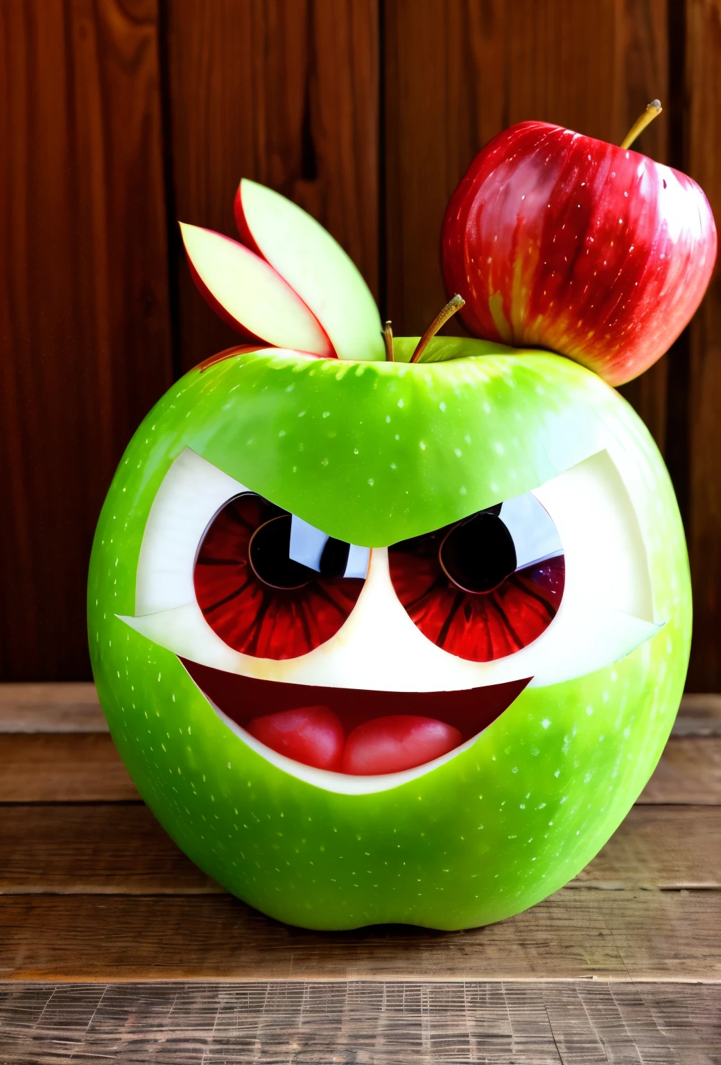 Create an angry apple wanting to tame the world in pixar style