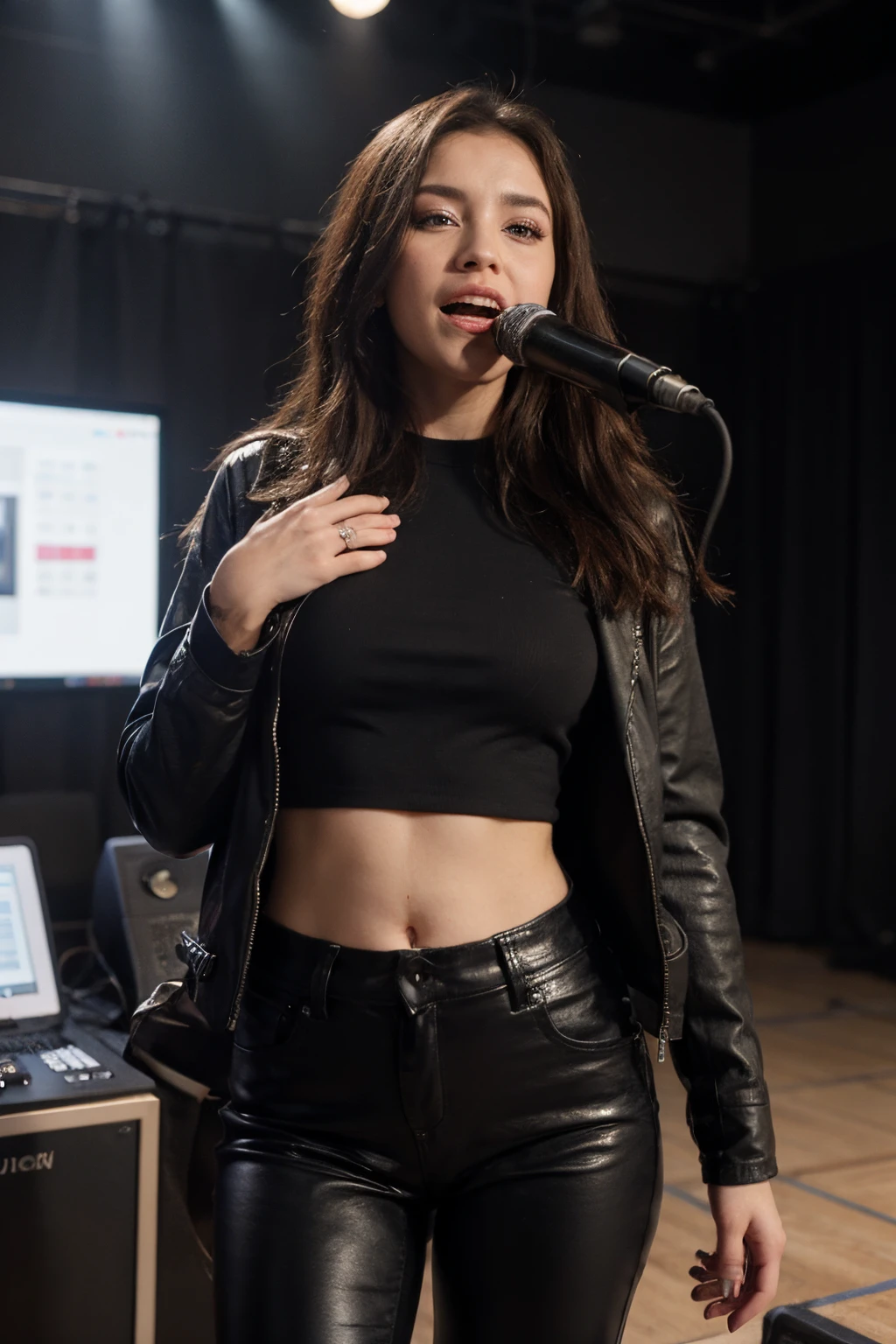 Mulher , olhos azul, linda,with black leather pants, blusa branca, jaqueta fermelha de couro, cantando, estudio cantando, imagem ultra hd, 8k