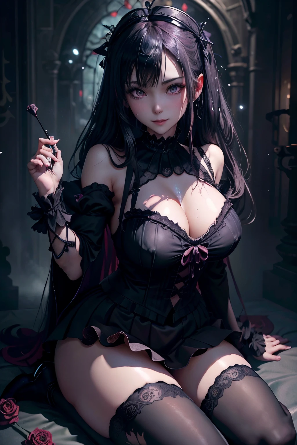 Hard Dark Gothic Makeup、Maniacal、Deep night sky、horor、Black Dark Eyeshadow、crying how bright、mourn、Good skin luster、Dark Gothic Makeup、Dark smile、Restless Palace、Expressions of sexual arousal、Fragrant beauty、22year old、Lying、seductiv、Strong sexual pleasure facial expressions、A look of shame、Dark Gothic、Gothic ta、bell sleeves、Wizard Sleeve、Obscene look、Stained glass background、masutepiece、Best Quality、Refers to 5 books、Sweat glitters on my chest、Expression of sexual pleasure in anguish、Drunken face、maid clothes、Mysterious、noble、Face holding back the toilet、flirty gothic lolithes、the body is wet and shiny、Transcendent sex appeal、Lots of glitter on the thighs、I'm sweating a lot、Affectionate smile、twin-tail hair、my thighs are so wet、jet black ruffle skirt、Shaded、blue eye on the right, Red eye on the left、Gothic bed covered with roses、Transcendent Bewitching Pose、Arch the back、stick out buttocks、knee high socks、thigh-high socks、A lot of sweat and stickiness on the thighs、Lots of sticky shiny thighs、Sweat shining generously on the thighs、The whole body is shiny with sweat、Glamour、A sexy、platform heel shoes、Quite sweaty、My thighs are sweaty、heavy make up、Breast size is modest、black lipstick、Heavy dark gothic long dress、bright pink hair、Long hair straight hair、stain glass、black metal world、sloppily open your legs、Thighs are more glamorous、Beauty the world、sit on a bed of roses、Goth loli clo、