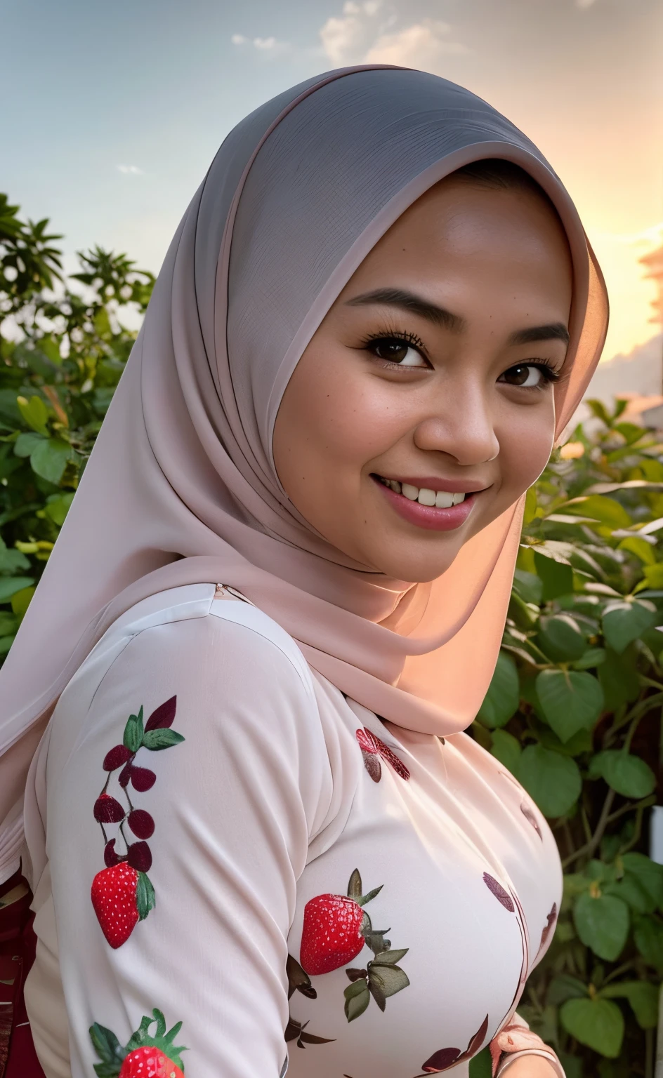 Masterpiece:1.2, high quality, best quality, high resolution, detailed, hyper realistic, 1 malay girl, wear baju kurung, big breast, bright short white hair, brown eyes, head tilt, sunset, birds flying, strawberry plant, Portrait, smile, showing teeth, (detailed face), ((sharp focus)), ((face)), upper body, mid shot portrait,