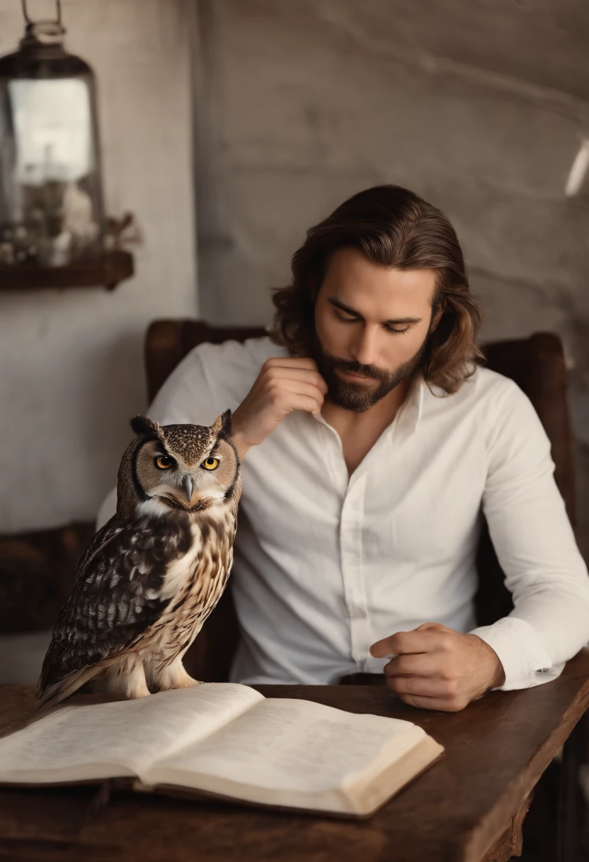A photo of Don't Know It Poet sitting at a cozy corner of a modern art gallery, sipping on a rose petal latte, and writing in a notebook.,original,a man with longer wiry hair living in a cabin by a pond in rural Vermont, surrounded by a fireplace, a typewriter, and a wooden statuette of an owl., male