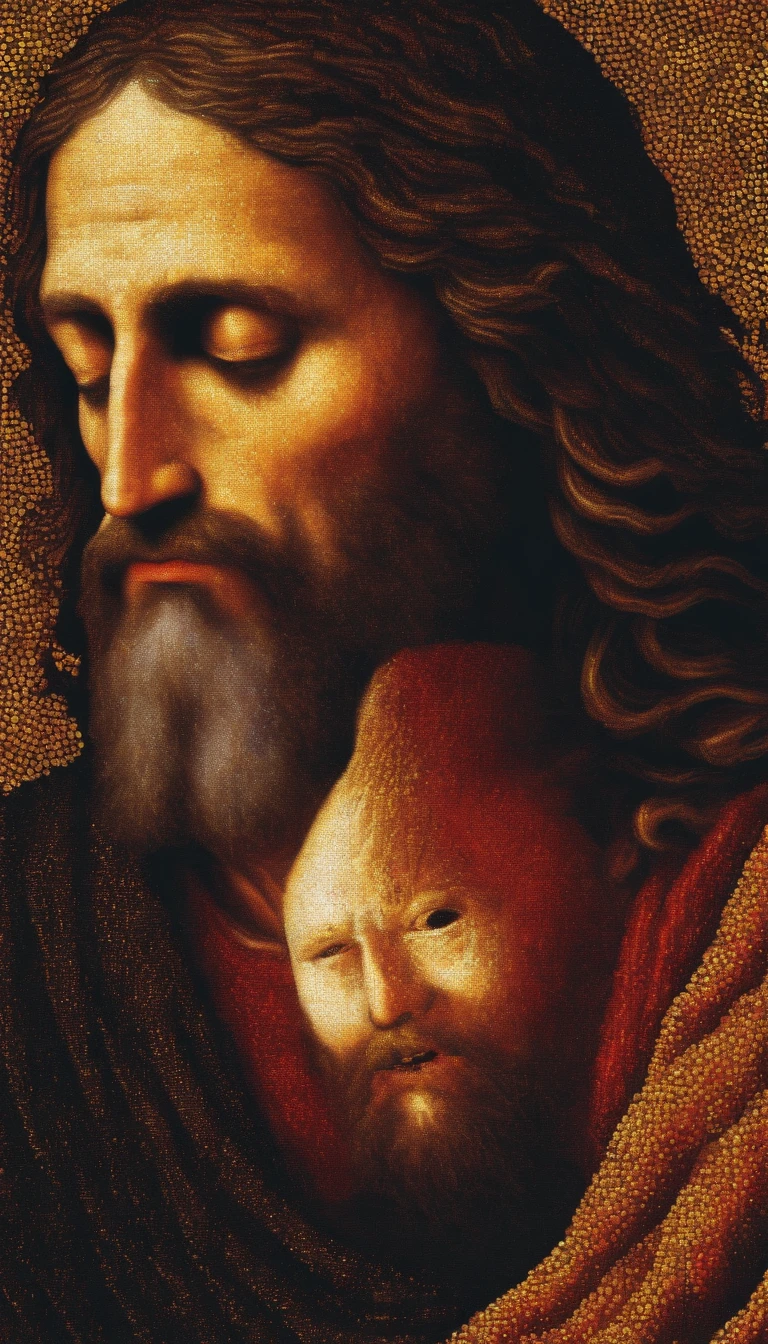 Jesus Christ Receiving a kiss on the cheek [[on the cheek]] from Judas Iscariot, an image that represents Judas' betrayal.  Biblical Image.  Biblical History