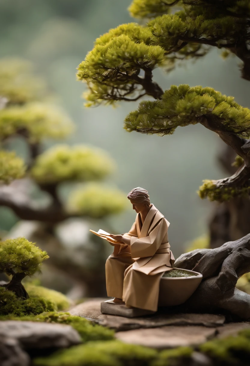 A photo of the character practicing the art of origami in a tranquil bonsai garden,original,he is rick astley, male