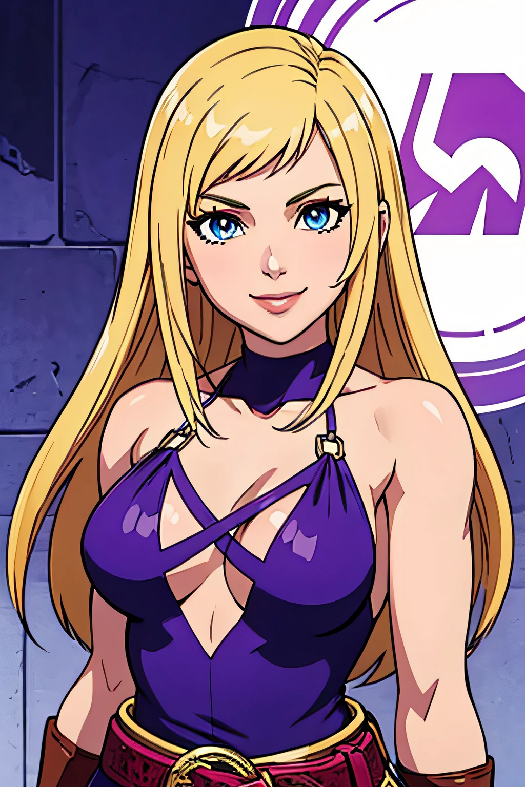 JENET, PURPLE DRESS, SIDE SLIT, FINGERLESS GLOVES, BLUE EYES, CLEAVAGE, BELT, bare shoulders, 1girl, solo, upper body, facing viewer, looking at viewer, smile,