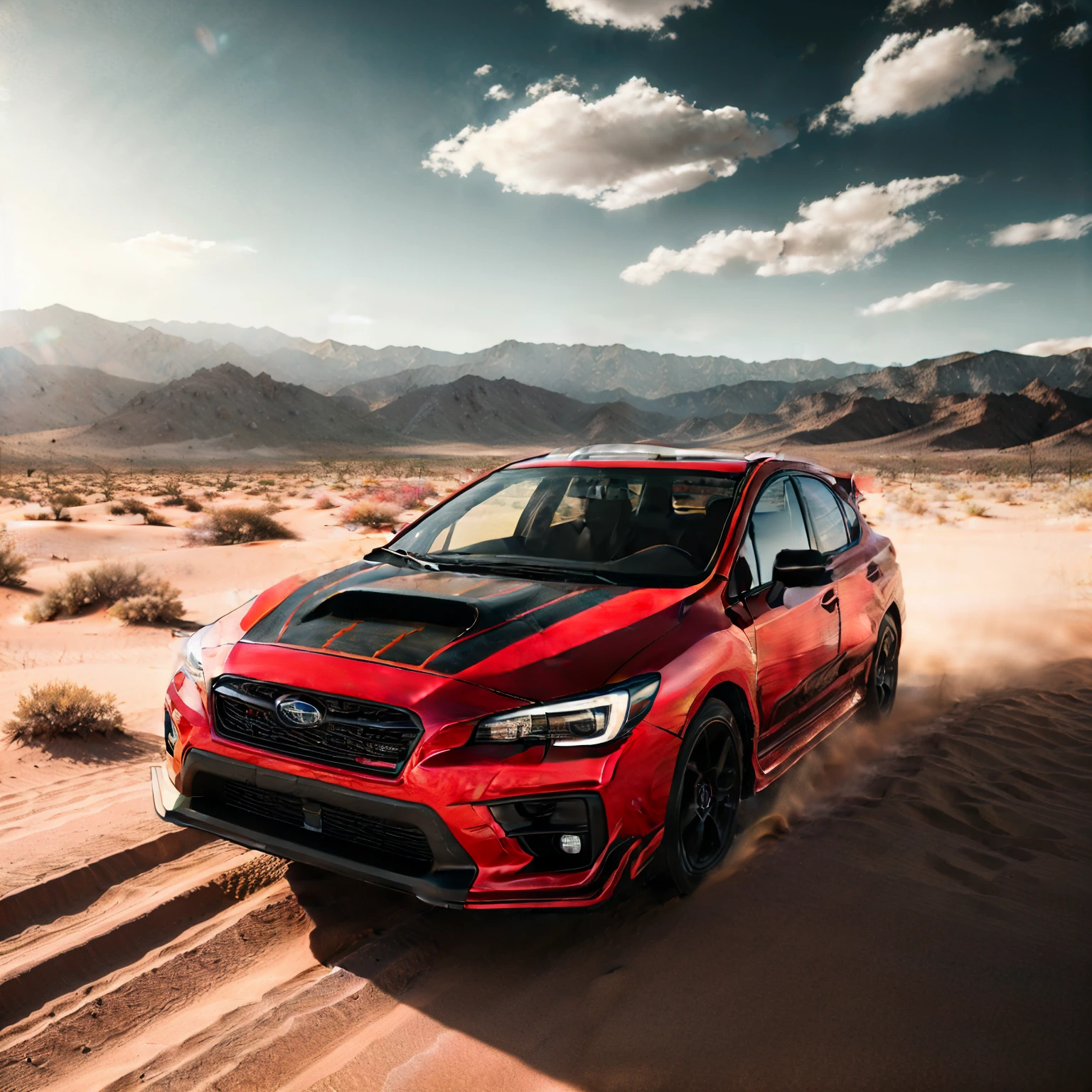 a red subarunt driving through the desert with mountains in the background, subaru, red desert, in a dusty red desert, wrx golf, desert mirage, on the desert, it has a red and black paint, bright red desert sands, red desert mars, vehicle photography, cinematic front shot, red sand, environmental shot, in the desert, f / 2 0