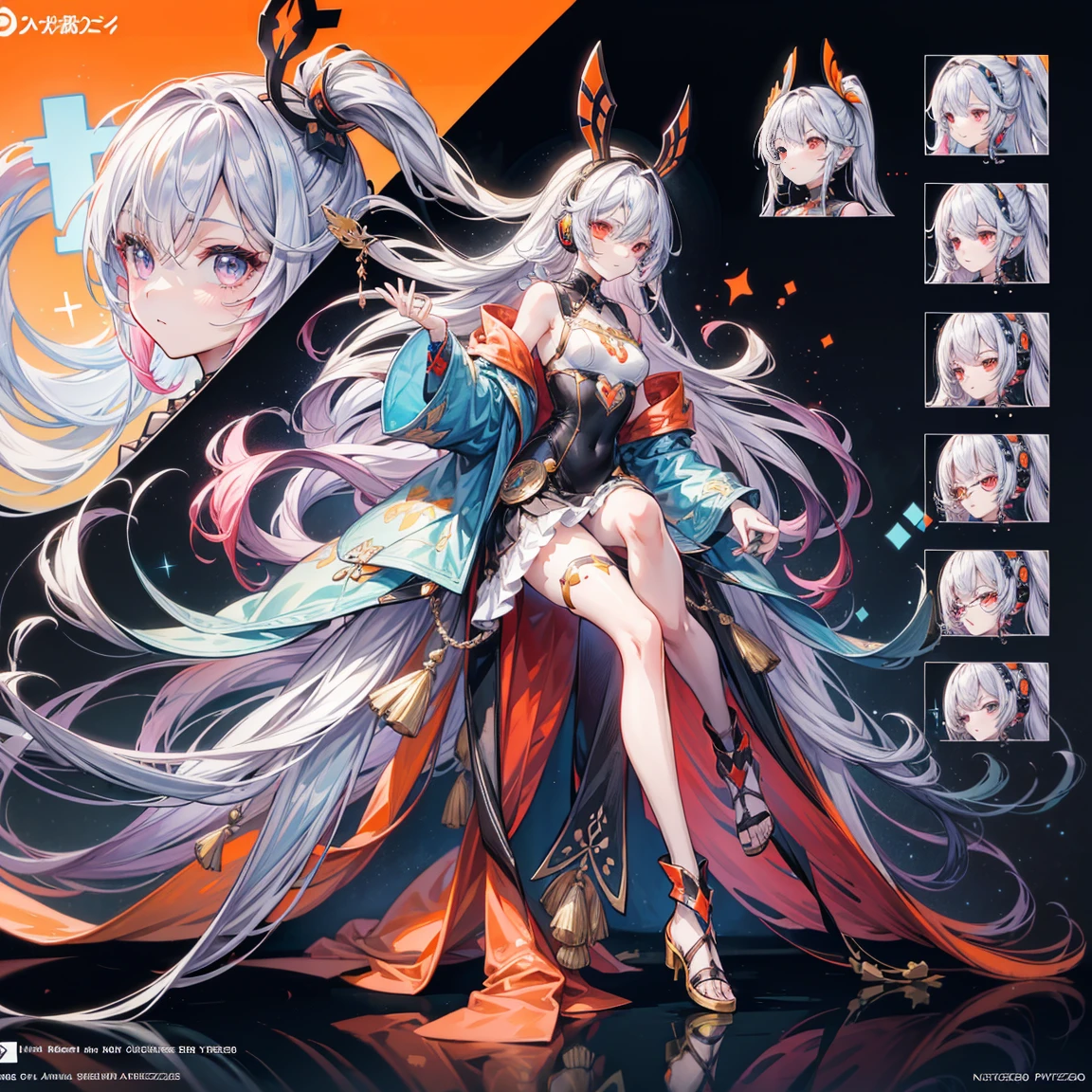 Character Sheets, Three types，Shot Full Body，Game Character Design，than a little flying moon，Girl in sunglasses and beans，Victorizo ∨TSE∨，Orange background,Stylistic expression, inspired by Alphonse Mucha, A lot of style, flat shading flies, Abstract art, pastel colours, ((Masterpiece, Highest Quality)), Detailed Face, Character Sheet, full - body, Full of Details, multiple poss and expressions, Highly detailed, depth, many details, 1girl, girl in a skirt and headphones, :3, , Long hair, Bangs,multi-colored hair, two tone hair, Gradient hair, neon colors