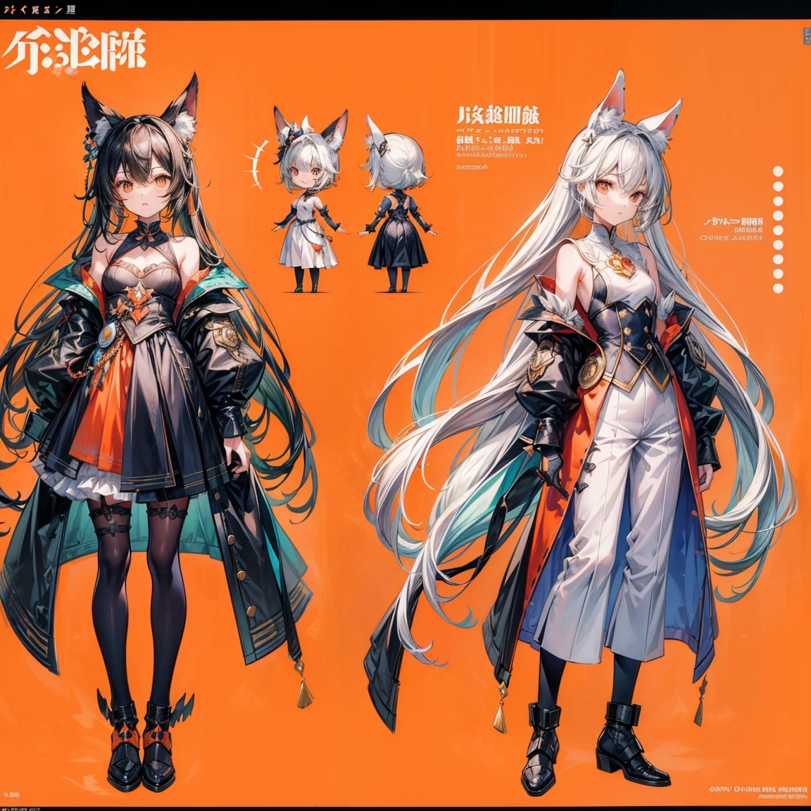Character Sheets, Three types,Shot Full Body,Game Character Design,than a little flying moon,Victorizo ∨TSE∨,Orange background,Stylistic expression, pastel colors, fully clothed