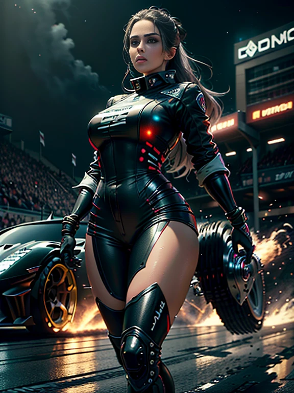 Unreal Engine 5 Realistic Rendering, Cosplayer, race queen、Uniforme com logotipo、 Beleza requintada、beautiful face, Forma do corpo do modelo slim, Seios colossais, reluzente, corpo brilhante molhado, Cabelos brancos curtos, pele castanha escura, Neons、Large crowds、audience、Formando um imperador、Corrida de arrasto、Mid-Summer Racing Circuit、carro de corrida、Grau inferior、crowd、Espectadores、