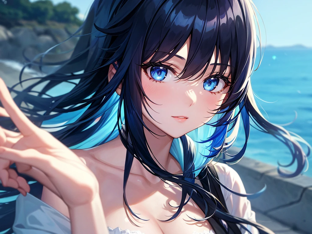 Beautiful girl with long bluish black hair