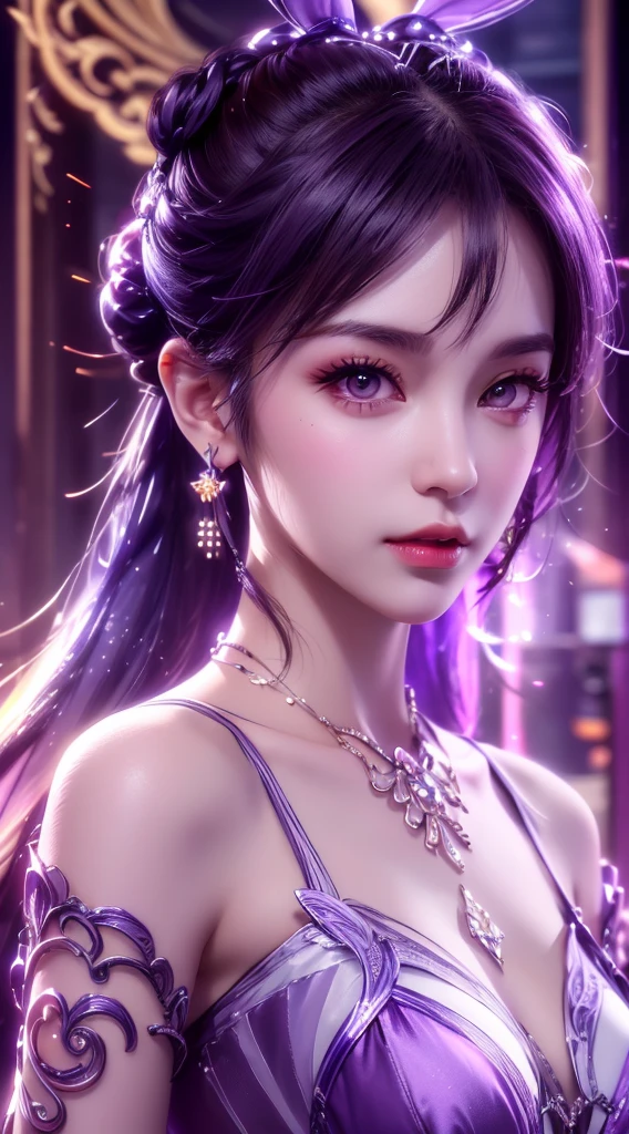 1 Very beautiful girl in Hanfu, Thin purple silk shirt with lots of white patterns, White lace shirt, Long bangs and long platinum purple ponytail, gorgeous hair accessory, beautiful and cute face, Flawless Face, jewelry earrings, light purple rabbit ears, Antique jewelry, meticulously drawn large purple eyes, Detailed makeup, tthin eyebrows, a tall nose, Nice red lips, No smile, Pouting your lips, Be red in the face, Breasts enlarged, Large breasts, Proportional breasts, eoson, Purple fishnet stockings, Chinese style Hanfu, fictional art pattern, The colors are vivid and realistic, Original image, photograph of-realistic, Ultra-high quality 8K hyper-realistic photos, Extreme photos, (Virtual light effects: 1.8), 10 times more pixels, Magic effects (Background with): 1.8), Super eye details, Portrait of a beautiful girl on the body, The girl was alone, ancient hanfu background, head straight-looking at viewer, wide original image, 8K quality, ultra-clear, Most detailed、The sharpest image, Detailed light background,