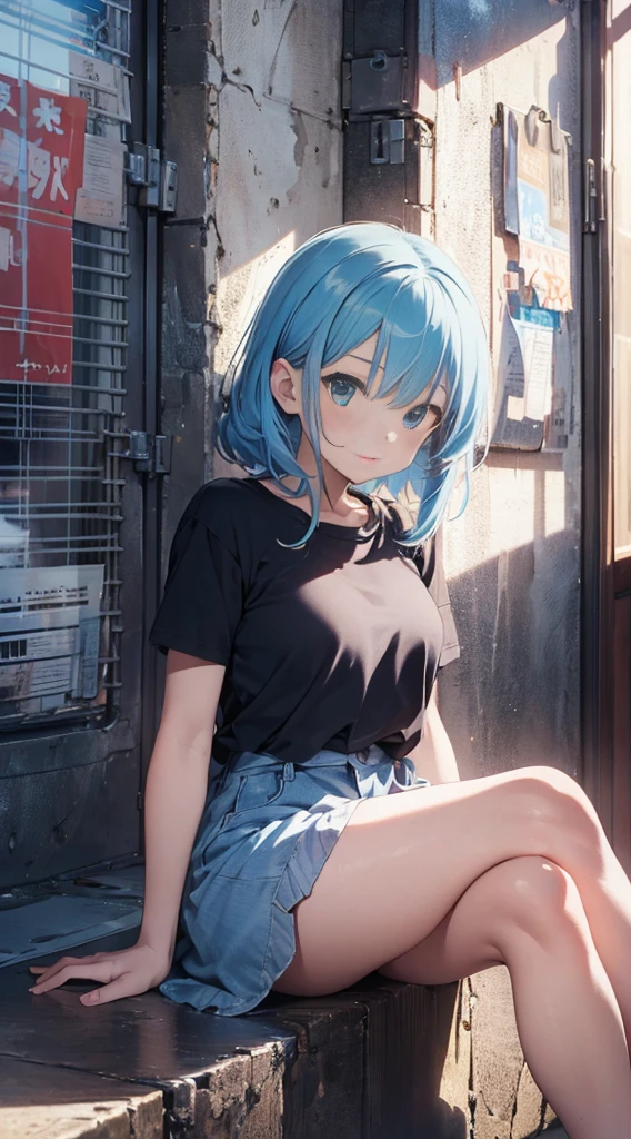 (8K, Raw photography, top-quality, masterpiece:1.2), 1girl in, 3 d,Light blue hair、Twinkle、The long-haired、His arms folded、Cross-legged sitting、Asian,