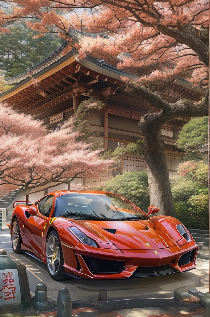 Japanese beautiful girl with uniform doing to school by red Ferrari sportcar, sakura tree's blouson around near japanese shrine