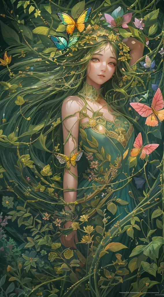 In a magical world, a plant girl with glowing vines and flowers, delicately created skin and ethereal beauty emerges. She is surrounded by vibrant and enchanted foliage, with colorful petals seemingly dancing in the wind. Her eyes sparkle with a hint of mystery, reflecting the wonders of her mystical world. Her lips, adorned with a natural rosy hue, exude a gentle and captivating smile. The delicate details of her eyes and face highlight her otherworldly allure.
The medium used to depict this enchanting scene is a mesmerizing fusion of digital illustration and surrealism. The rich textures and intricate patterns of the plants and flowers create a dreamlike and ethereal atmosphere. The vibrant colors and soft lighting enhance the magical ambiance, giving the artwork a sense of depth and vibrancy.
The additional details of this artwork include the girl's flowing leafy hair, which gracefully extends and blends with the surrounding botanical wonders. The intricate details on her dress showcase the harmony between nature and her mystical essence, with delicate vines and petals intricately intertwined. Butterflies and hummingbirds flutter around her, adding a touch of whimsy and life to the scene.
In terms of image quality, this artwork is of the best quality, with high resolution (4k or 8k) and ultra-detailed rendering. The colors are vivid and vibrant, creating a visually stunning masterpiece. The overall style of the artwork is a blend of fantastical realism and magical surrealism, capturing the imagination and transporting viewers to a world of wonder and awe.
The color palette of this artwork leans towards a warm and vibrant spectrum, with a focus on rich greens, vibrant pinks, and deep purples. The lighting is soft and enchanting, casting gentle rays of sunlight through the foliage, creating a play of light and shadow that adds depth and dimension to the scene.
Overall, this artwork depicts a mesmerizing scene of a plant girl in a magical world, surrounded by