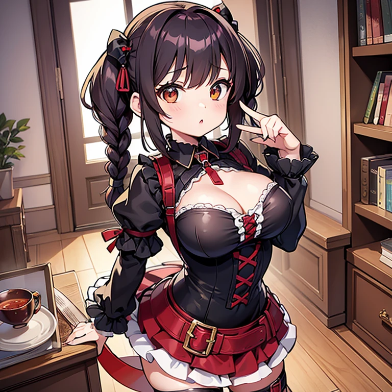 A of short stature with unrealistic proportions,huge breasts and chibi body.in a modern room she wears a Gothic red and black dress to compliment her yellow braids