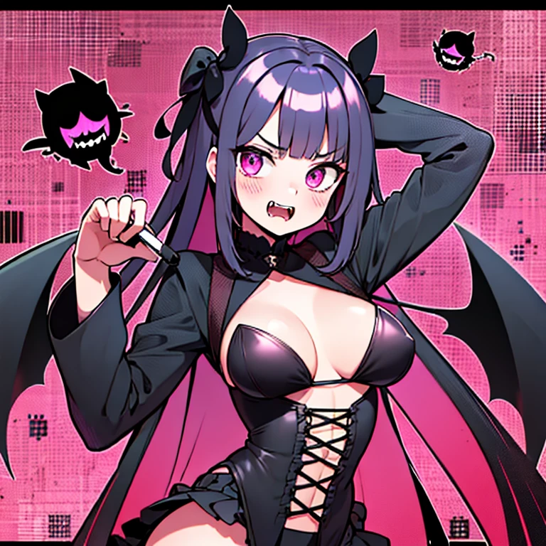 Shortstack,poli,Gothic dress, determined face,black and red dress,modern background,fangs,big breast,small body,