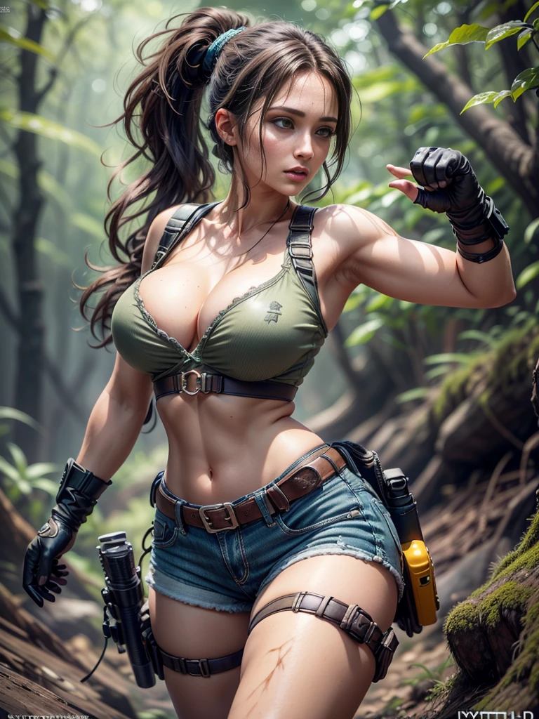 Beautiful young woman,Lara Croft ,long brown hair in a ponytail,beautiful detailed eyes,beautiful detailed sensual lips ,extremely detailed eyes and face, longeyelashes, huge bouncing breasts ,blue t-shirt with revealing cleavage and really tight green jean shorts ,white sox,black gloves,hiking boots,thigh gun holsters,(best quality,4k,8k,highres,masterpiece:1.2),ultra-detailed,(realistic,photorealistic,photo-realistic:1.37),HDR,UHD,studio lighting,ultra-fine painting,sharp focus,physically-based rendering,extreme detail description,professional,vivid Tomb Raider, Syfy, artists,beautiful young woman (Laura Croft),long brown hair in a ponytail (beautiful and detailed),big bouncing breasts, ((( exposed breasts 1.6))) ,blue t-shirt and green jean shorts,white sox,black gloves,hiking boots,thigh gun holsters,sharp focus,ultra-detailed,portraits,physically-based rendering,vivid colors. Full body