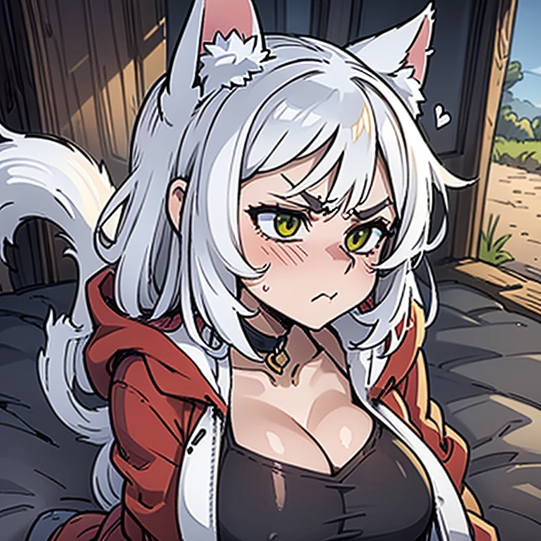 Cat girl,white fur,perked up cat ears on top of head,fluffy white tail,tail, perky d cup breast,pouty face, looking away from POV,arms crossed,angry expression, blushing red face, oversized male hoodie