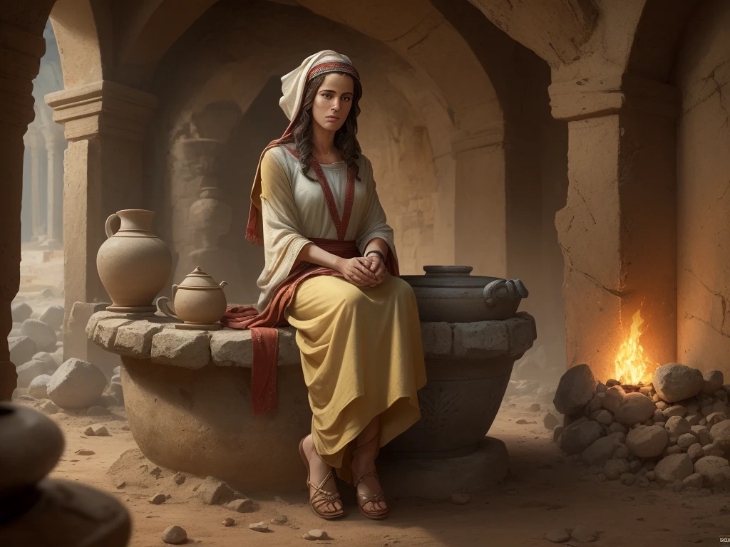 Photo RAW, (realistic), (masterpiece), (best quality) , man jesus christ, handsome face, sitting in a well of stones, ((a beautiful woman standing with a clay jug and a tunic on her head approaches)), epic biblical representation, 8k, UHD, cinematic lighting,  realista. cinemactic. --s2