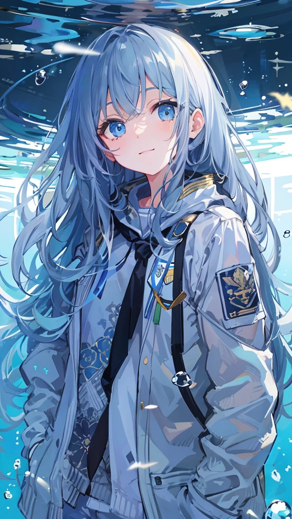 ((top-quality)), ((​masterpiece)), ((ultra-detailliert)), (Extremely delicate and beautiful), girl with, 独奏, cold attitude,((Black jacket)),She is very(relax)with  the(Settled down)Looks,depth of fields,Evil smile,Bubble, under the water, Air bubble,Underwater world bright light blue eyes,inner color with bright gray hair and light blue tips,,,,,,,,,,,,,,,,Cold background,Bob Hair - Linear Art, shortpants、knee high socks、White uniform like school uniform、Light blue ribbon ties、Clothes are sheer、Hands in pockets、Bright eyes like sapphire,Fronllesse Blue, A small blue light was floating、fantastic eyes、selfy,Self-shot