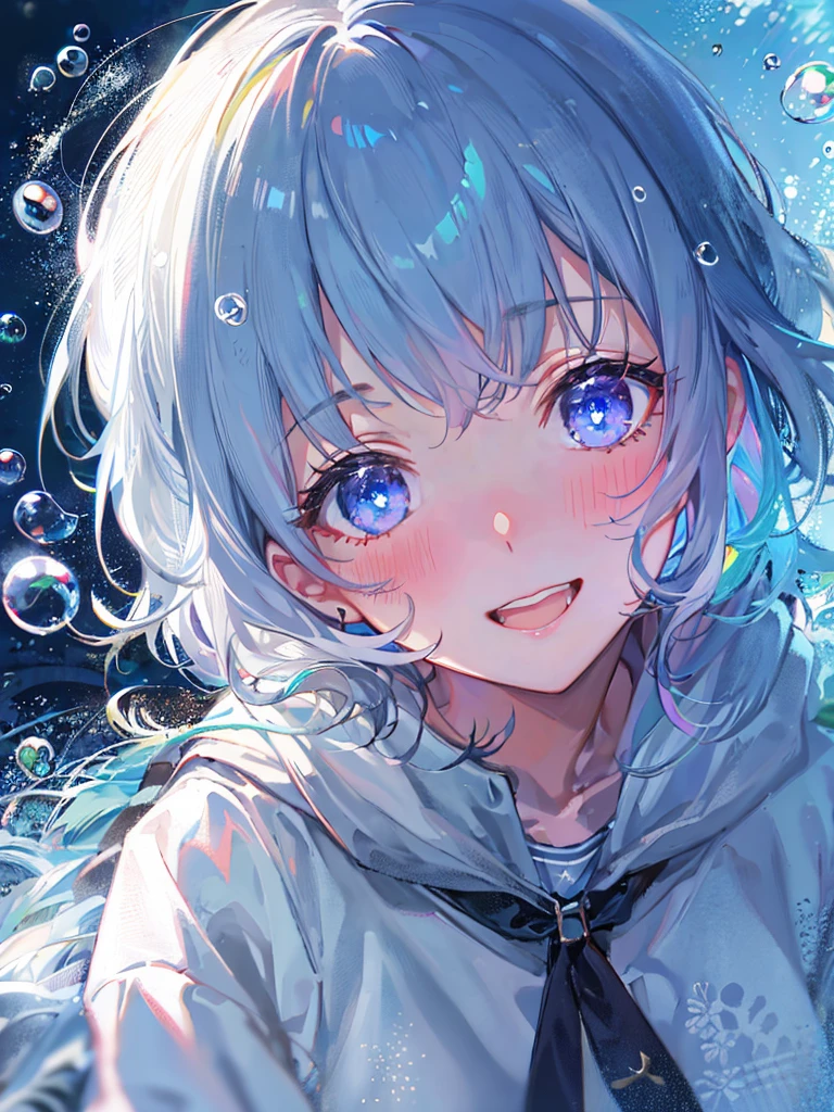 ((top-quality)), ((masterpiece)), ((ultra-detailliert)), (Extremely delicate and beautiful), girl with, 独奏, cold attitude,((Black jacket)),She is very(relax)with the(Settled down)Looks,depth of fields,Evil smile,Bubble, under the water, Air bubble,Underwater world bright light blue eyes,inner color with bright gray hair and light blue tips,,,,,,,,,,,,,,,,Cold background,Bob Hair - Linear Art, shortpants、knee high socks、White uniform like school uniform、Light blue ribbon ties、Clothes are sheer、Hands in pockets、Bright eyes like sapphire,Fronllesse Blue, A small blue light was floating、fantastic eyes、selfy,Self-shot
