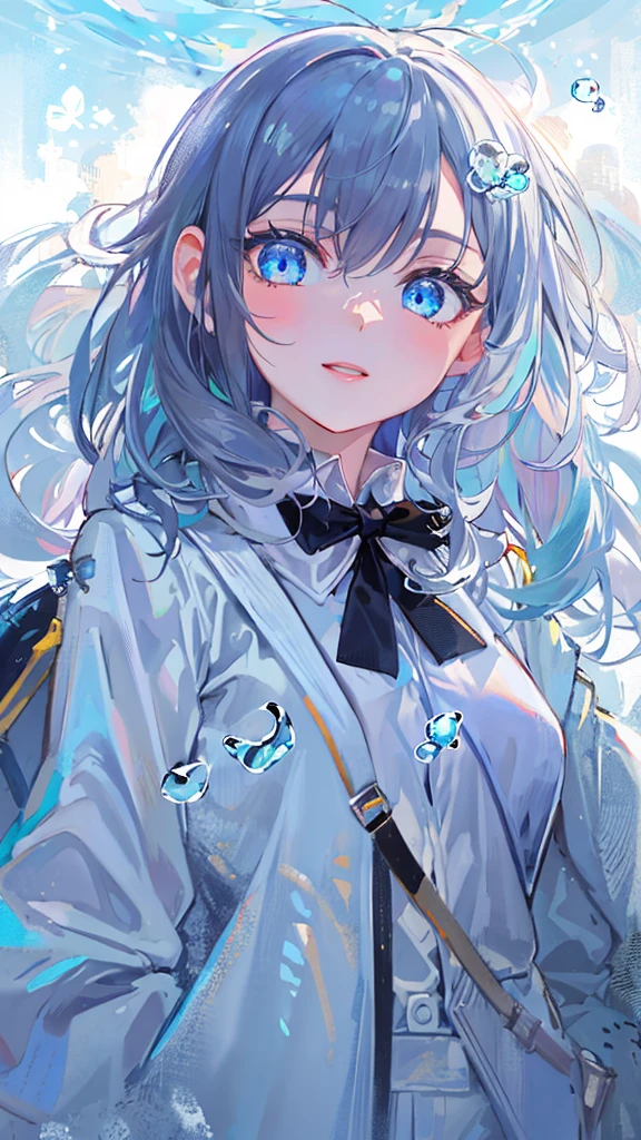 ((top-quality)), ((​masterpiece)), ((ultra-detailliert)), (Extremely delicate and beautiful), girl with, 独奏, cold attitude,((Black jacket)),She is very(relax)with  the(Settled down)Looks,depth of fields,Evil smile,Bubble, under the water, Air bubble,Underwater world bright light blue eyes,inner color with bright gray hair and light blue tips,,,,,,,,,,,,,,,,,,Cold background,Bob Hair - Linear Art, shortpants、knee high socks、White uniform like school uniform、Light blue ribbon ties、Clothes are sheer、Hands in pockets、Bright eyes like sapphire,Fronllesse Blue, A small blue light was floating、fantastic eyes、selfy,Self-shot