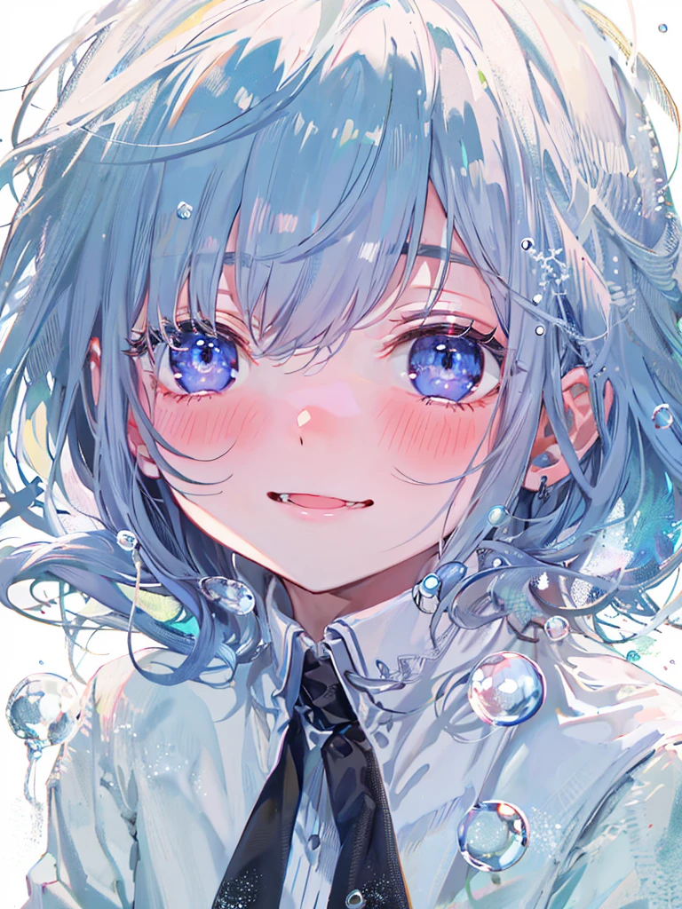 ((top-quality)), ((masterpiece)), ((ultra-detailliert)), (Extremely delicate and beautiful), girl with, 独奏, cold attitude,((Black jacket)),She is very(relax)with the(Settled down)Looks,depth of fields,Evil smile,Bubble, under the water, Air bubble,Underwater world bright light blue eyes,inner color with bright gray hair and light blue tips,,,,,,,,,,,,,,,,,Cold background,Bob Hair - Linear Art, shortpants、knee high socks、White uniform like school uniform、Light blue ribbon ties、Clothes are sheer、Hands in pockets、Bright eyes like sapphire,Fronllesse Blue, A small blue light was floating、fantastic eyes、selfy,Self-shot,smile face