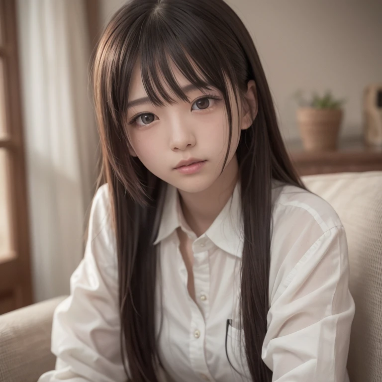 tmasterpiece，top-quality，offcial art，Highly detailed CG Unity 8K wallpapers，like a college girl，20 years girl，Very delicate beautiful，超A high resolution，（realisticlying：1.4），1 hour of writing，（The upper part of the body），（Platinum Long Hair：0.8），（Puffy eyes），looking at viewert，facing front，ssmile，Everyday clothes，（chiayi：1.5）， tmasterpiece， best qualtiy， RAW photogr， realisticlying， faces， incredibly absurd res， Buatigarh， depth of fields， hight resolution， ultra - detailed， finedetail， Very detailed， extremely detailed eye and face， Sharp pupils， pupil realistic， tack sharp focus， cinmatic lighting、laying on a couch、A dark-haired、   genitals、Female genitals、appeal