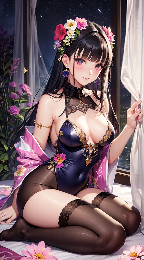 A female with small breasts, slim body, tempting body, nice bare leg, bare tights, bare arms, bare shoulders, nice cleavage, blunt bangs, black hair, silk bed, silk mattress, soft bed, silk, moonlighting, night, flowers hair piece, feathers, particles, light rays, (1girl:1.3), extremely detailed, (fractal art:1.1), (colorful:1.1), (flowers:1.3), (masterpiece, top quality, best quality, official art, beautiful and aesthetic:1.2), highest detailed, (seiza), (hand on side), (curtain background:1.3), (shiny skin), (many colors:1.4), (earrings:1.4), (tight kimono:1.2), sexy eyes, innocent, smile, sweet, beautiful, attractive body, gorgeous, pink blush, waiting, want something, secretly.