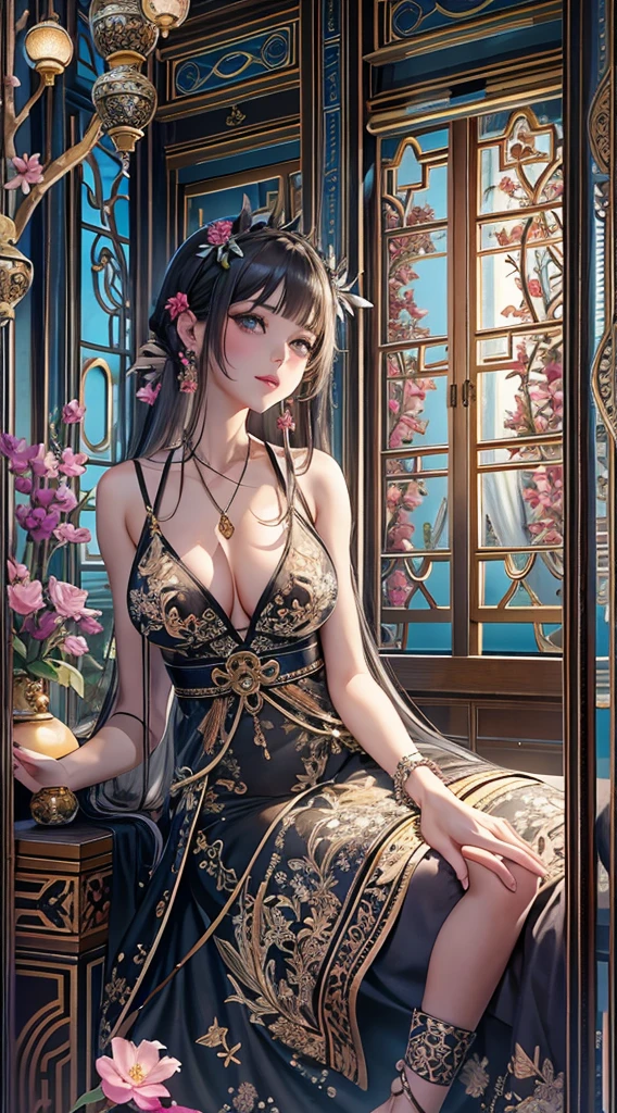 Character Details: - Gender: 1 Girl. - Body Type: Attractive slim body, nice bare legs, slim bare tights, bare arms, bare shoulders, nice body curve. - Breast: Medium Breast, Show Cleavage.
- Facial Features: Beautiful, Gorgeous, ager, Fresh, Young.
- Expression: Smile, Pink Blush on Face, Sexy Eyes, Sexy Look, Innocent Look. - Hairstyle: Blunt Bangs, Long Hair. - Hair Color: Black Hair.
- Clothing: Lingerie Dress. - Body Pose: Seiza.
- Hand Pose: Hand on Side.
- Behaviour: Waiting, Want Something, Secretly.
- Accessories: Flower Hair Piece, Earrings, Silk cloth. Environmental Details: - Setting: Oriental Indoor, Bed Room, Wooden, Ancient, Fantasy, Window, Light, Stars, Night Sky, Particles. - Lighting: Natural Light. - Decoration: Oriental theme, Silk bed, Silk mattress, Soft bed, Silk ornament. silk curtain, pattern cloths, Flower Silk Pattern, Feathers, and Flowers. Artistic Style and Quality: - Masterpiece, top quality, best quality, official art, beautiful, and aesthetic:1.2 - Fractal art:1.1, Colorful:1.1, Highest detailed:1.2, Zentangle:1.2 - Crisp details, Sharp lines, Rich textures, Fine craftsmanship:1.3 - High resolution, Meticulous rendering:1.2