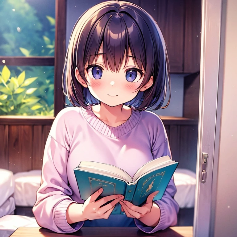 Cute,young girl reading a book, currently in a girls room,very short hair,, innocent face,few dimples across face, casual indoor clothing